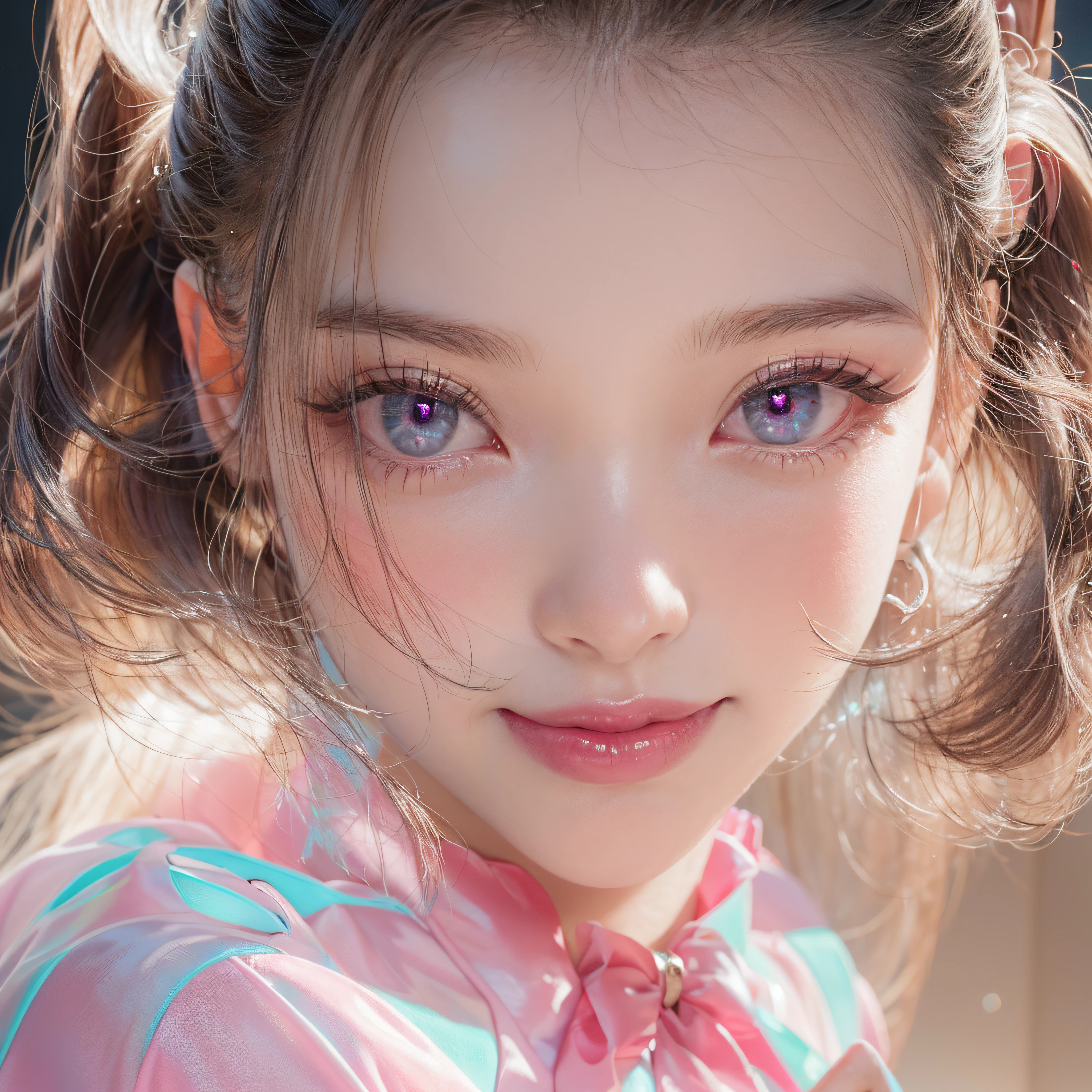 close-up of the smile face、super model、makeup、Glossy lips、Shining eyes、(realisitic、hight resolution)、(1 girl in)、Do-Up Eye、Korean Girl、(Best Quality), (masutepiece), (1girl in), Solo, a beauty girl, Perfect face, dreamlikeart、Highly detailed airbrush art((Surreal))、Volumetric lighting、(top-quality)、The ultra-detailliert、Highly detailed colorful details、(Bright lighting)、dynamic compositions、Ray traching、The mirror reflects light、Shallow depth of field、ultra-detailliert、mixing exposure、nffsw、Her eyes are glowing pink、Pink glowing heart on background