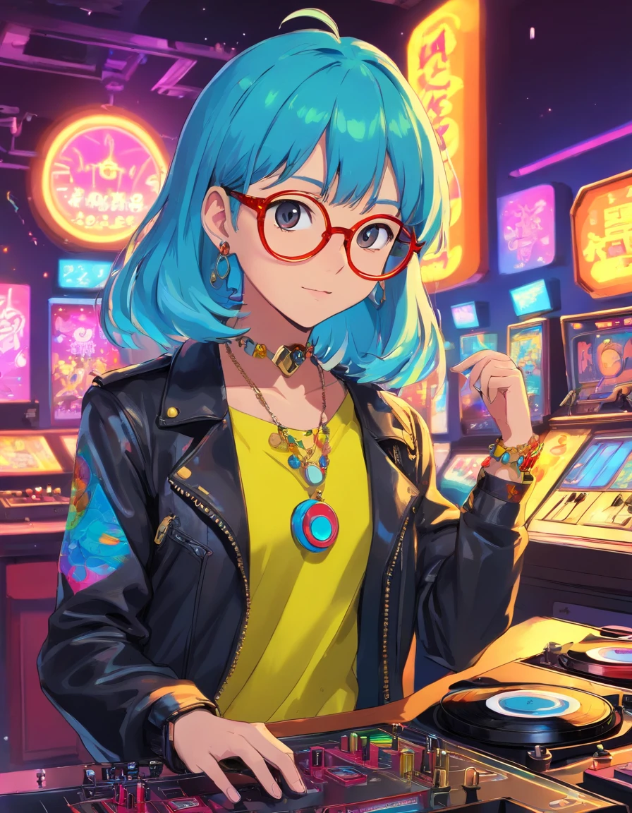 the panorama,nightclubs,anthropomorphic, puppy, nffsw,turntable, neons,Rock elements, 80s style,colored glasses, Big Gold Necklace, Punk Leather Jacket,