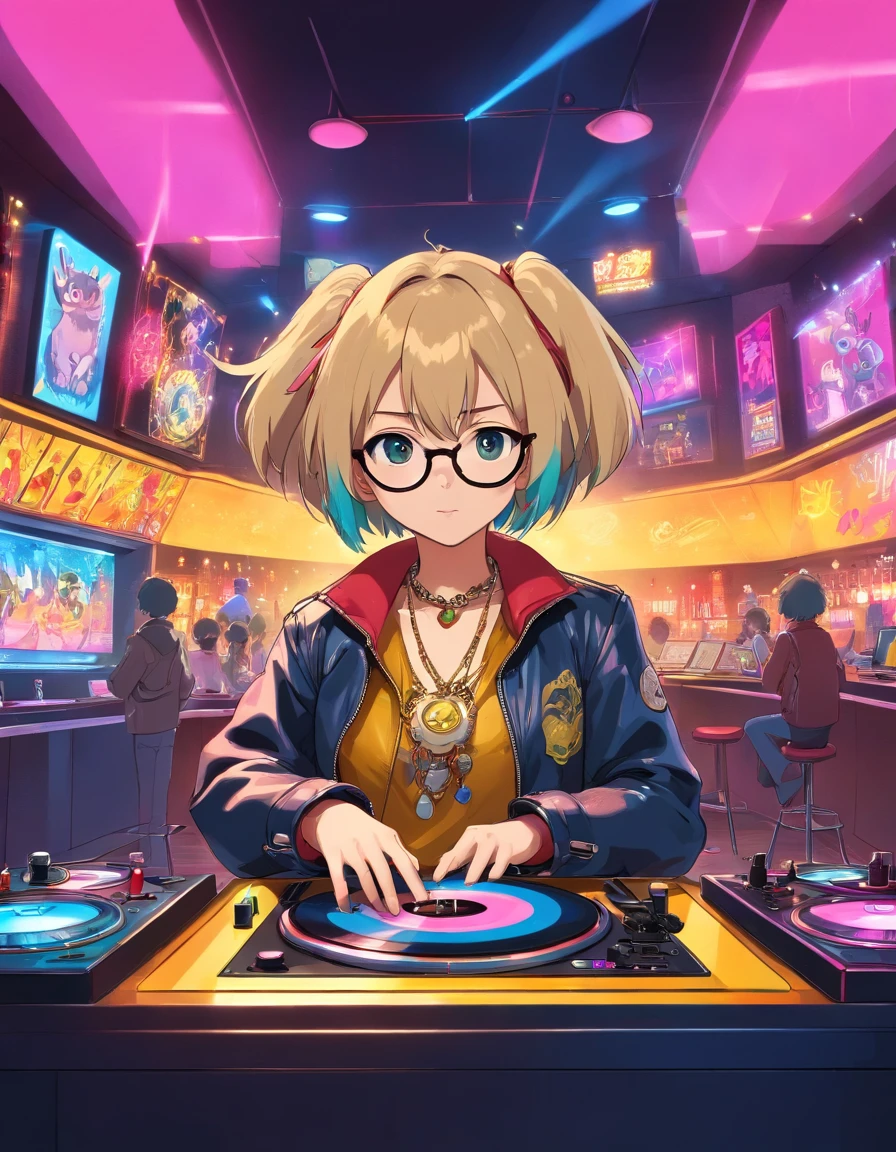 the panorama，nightclubs，anthropomorphic, puppy, nffsw，turntable, neons，Rock elements, 80s style，colored glasses, Big Gold Necklace, Punk Leather Jacket,