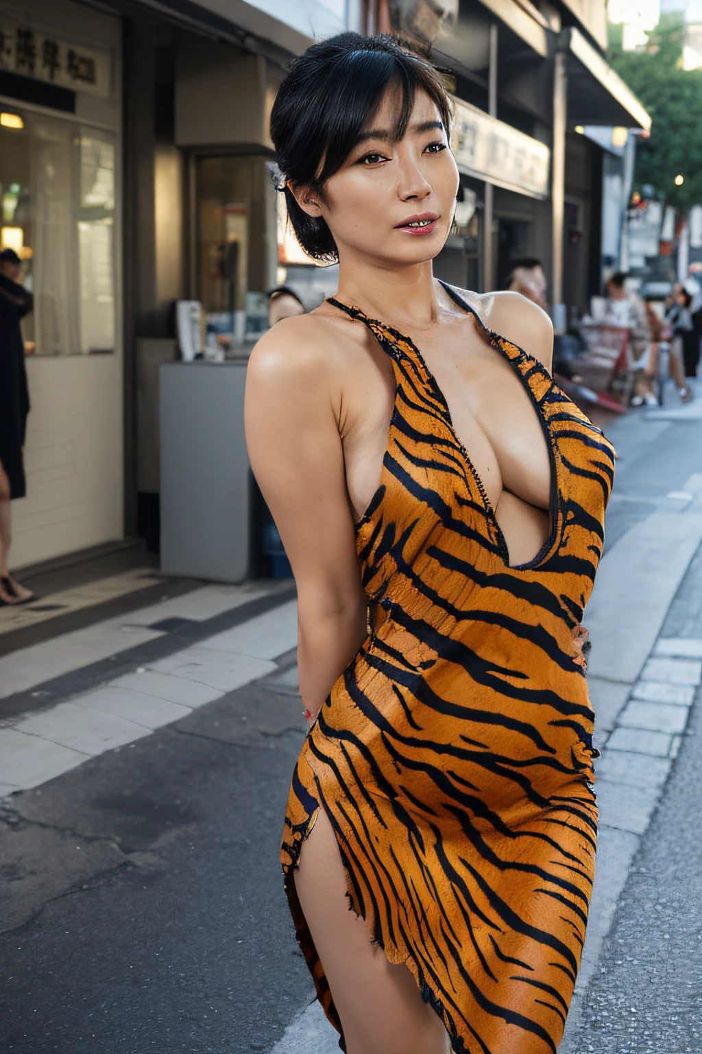 ((top-quality、8K分辨率、Master masterpiece、Portrait:1.3)), Photorealsitic, 35㎜ film,depth of fields, A MILF,Beautie, Wrinkles at the corners of the eyes,Glamour,Seductive smile、naughty expression、Heavy breathing,Full body shot, looking at the spectator,naked_savage style,(tiger skin_ripped dress,:1.2),(slutty lose dress_side boob:1.2), (deep slit revealing thigh_pelvic dress:1.2),(one shoulder_sleeveless:1.2),Outdoor photography_the city street,Daytime