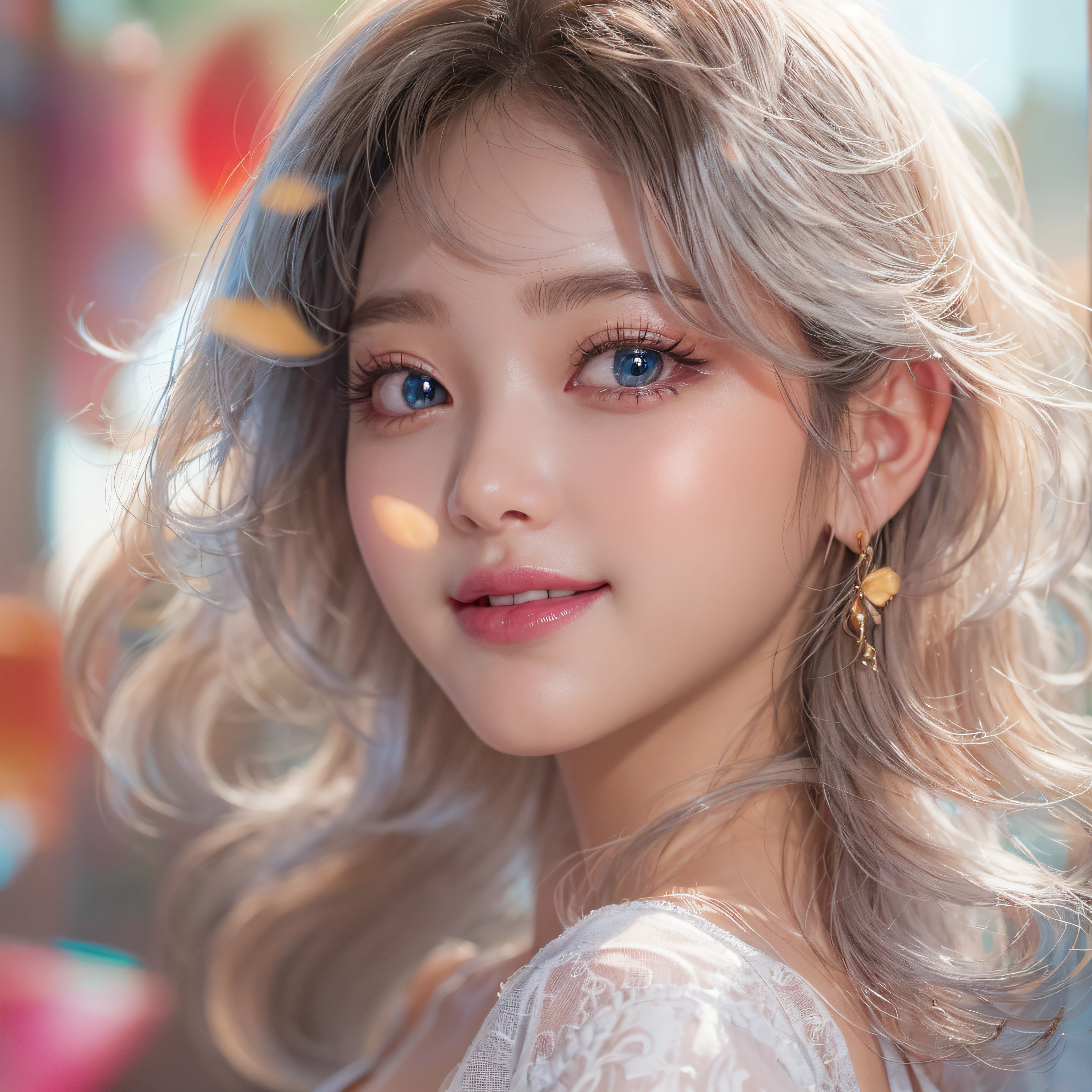 close-up of the smile face、super model、makeup、Glossy lips、Shining eyes、(realisitic、hight resolution)、(1 girl in)、Do-Up Eye、Korean Girl、(Best Quality), (masutepiece), (1girl in), Solo, a beauty girl, Perfect face, dreamlikeart、Highly detailed airbrush art((Surreal))、Volumetric lighting、(top-quality)、The ultra-detailliert、Highly detailed colorful details、(Bright lighting)、dynamic compositions、Ray traching、The mirror reflects light、Shallow depth of field、ultra-detailliert、mixing exposure、nffsw、Her eyes are glowing pink、Pink glowing heart on background