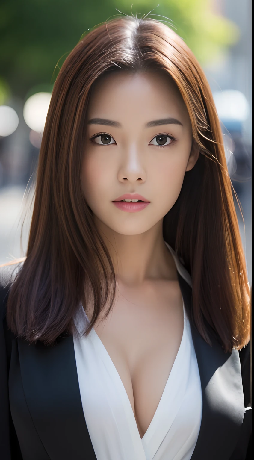 ((Best Quality, 8K, masutepiece :1.3)), Sharp Focus :1.2, Perfect figure beautiful woman:1.4, Slim abs:1.2, ((dark brown  hair, Colossal tits:1.2)), Black Silk Color Shirt，No milk，(Natural light, the city street:1.1), Highly detailed facial and skin texture，A detailed eye，二重まぶた