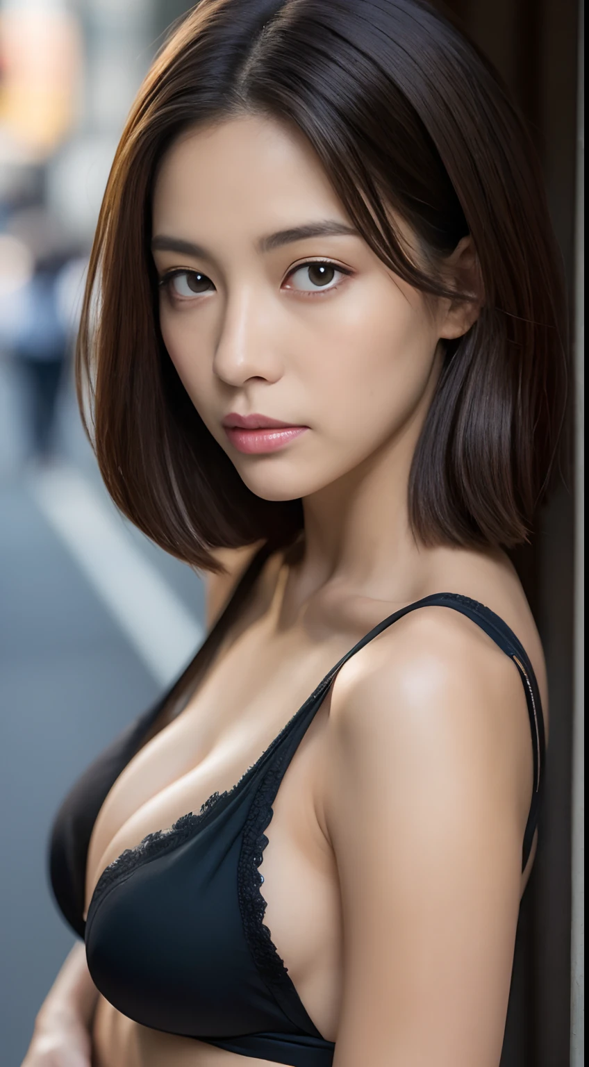 ((Best Quality, 8K, masutepiece :1.3)), Sharp Focus :1.2, Perfect figure beautiful woman:1.4, Slim abs:1.2, ((dark brown  hair, Colossal tits:1.2)), Black Silk Color Shirt，No milk，(Natural light, the city street:1.1), Highly detailed facial and skin texture，A detailed eye，二重まぶた