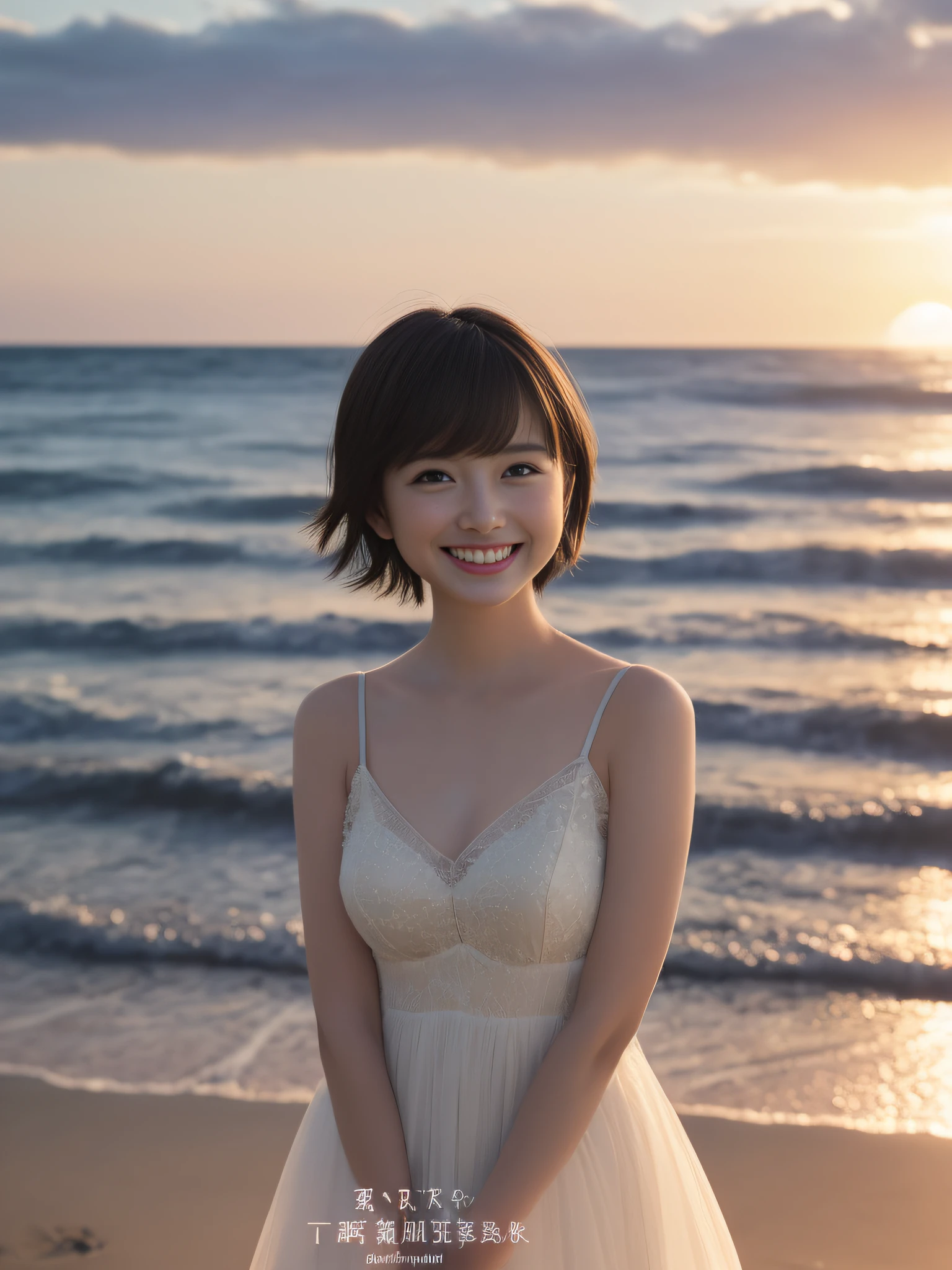 Only one girl、((perfect bodies)))、(​masterpiece)、((top-quality))、(ultra-detailliert)、((extremely delicate and beautiful))、(((Very shallow depth of field)))、nffsw，(((incredibly absurdness)))、((perfect bodies)))、(((A dark-haired)))、(((short cut hair)))、(Okabo hair)、(((Looking at the camera)))、(((small tits)))、(((The best smile that makes you happy)))、Camisole dresare+Background with、dynamic ungle、female focus on、{Particles of light}、Meticulous background with、((paul hedley)))、Soft lighting、(Dramatic sunset)、Evening glow、Very beautiful sunset、Live action、realisitic、Angle from above、cute smile face、(the background is blurred)、24year old、being thin、((the wind))、(((movement)))、(((emotional)))、((colourfull))、((a baby face))、((Beautiful teeth)) 、f lare、sea the background of