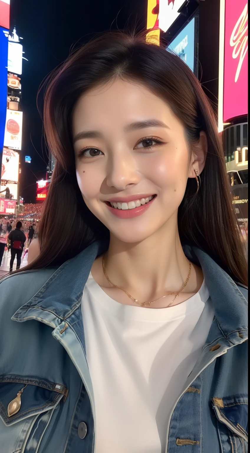 ((top-quality、8K、masterpiece:1.3、超A high resolution))、(Clear focus:1.4)、girl with、1 persons、youtuber、24 year old、cute little、light skinned、Full body、Looking back、frombelow、(looking in camera:1.1)、detailed hairs、dark brown hair、Natural Wave、(Detailed fabrics、Denim jackets and t-shirts:1.2)、bead bracelet、Super fine face、Detailed skin、A detailed eye、Narrow-eyed、Moist eyes、Clear eyes、二重まぶた、Reddish cheeks、Burning cheeks、Wearing makeup、Sweating、Lustrous skin、glowy skin、Shine skin、Shaded skin、Detailed lips、Apply lipstick、ruddy lips、Wrinkled lips、(Laughing:1.3)、(Large breasts:1.2)、BREAK、(细致背景、Times Square:1.4)、Night、Natural lighting、