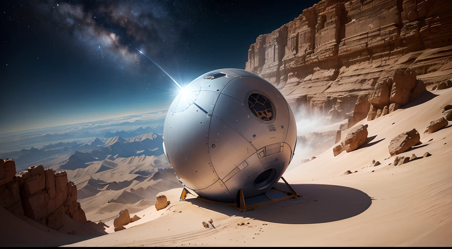 A silver NASA Space Module in the shape of a rectangular cradle with 4 flexible feet embedded in the ground of the Masada mountain in Israel surrounded by a fine mist of gases