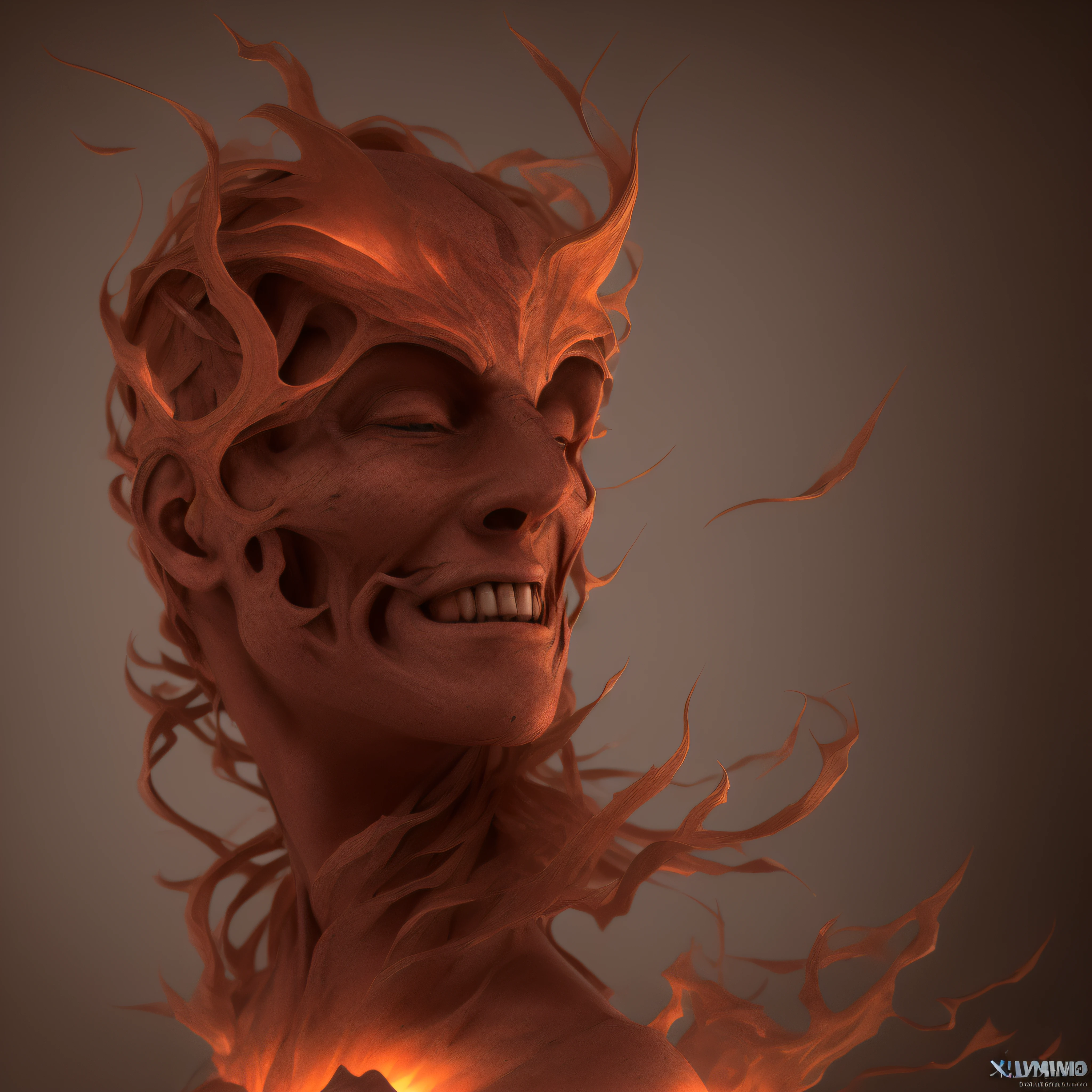 (extremadamente detallado, obra maestra, La mejor calidad, foto antigua, principios de siglo, 4K definition, ultra hd) demonio con ocho cuernos en la cabeza, sin ojos, sonriente, colmillos afilados, cuerpo rojo realista, humedo. garras afilada. Light Volumetric