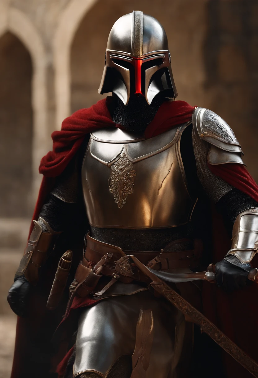 (melhor qualidade,4k,8k,alto,master part:1.2),ultra-detalhado,(Realistic,fotorrealista,photo-realistic:1.37),medieval,Armadura Mandaloriana,armadura brilhante, guerreiro,rosto lindamente detalhado,sharp facial features,olhos expressivos,Determined expression,macho,Postura heroica,dramatic lighting,fundo aventureiro,paisagem de fantasia,atmosfera mal-humorada,vivid colors,Medieval inspiration,metal textures,Epic Battle,historical warrior,Combate tradicional,cavaleiro corajoso,Valor,Momento triunfante,perspectiva envolvente,Ancient relics,Stoic presence,ancient ruins,Mystical aura,Aura poderosa,Esgrima,guerreiro habilidoso,gravuras de armadura,Combate intenso,pose majestosa,detalhes ornamentados,pontaria,authentic costumes,figura imponente,Legendary fighter,honra e Valor,brilho lustroso,atmosfera de pressentimento,timeless hero,Uncompromising spirit, Armadura medieval, Capacate de Cavaleiro Europeu; Carregando dois sabres de luz do Kylo Ren, dupla empunhadura, Dois sabres de luz vermelho brilhantes, sabres vermelhos brilhando flamejantes, pose com as duas espadas