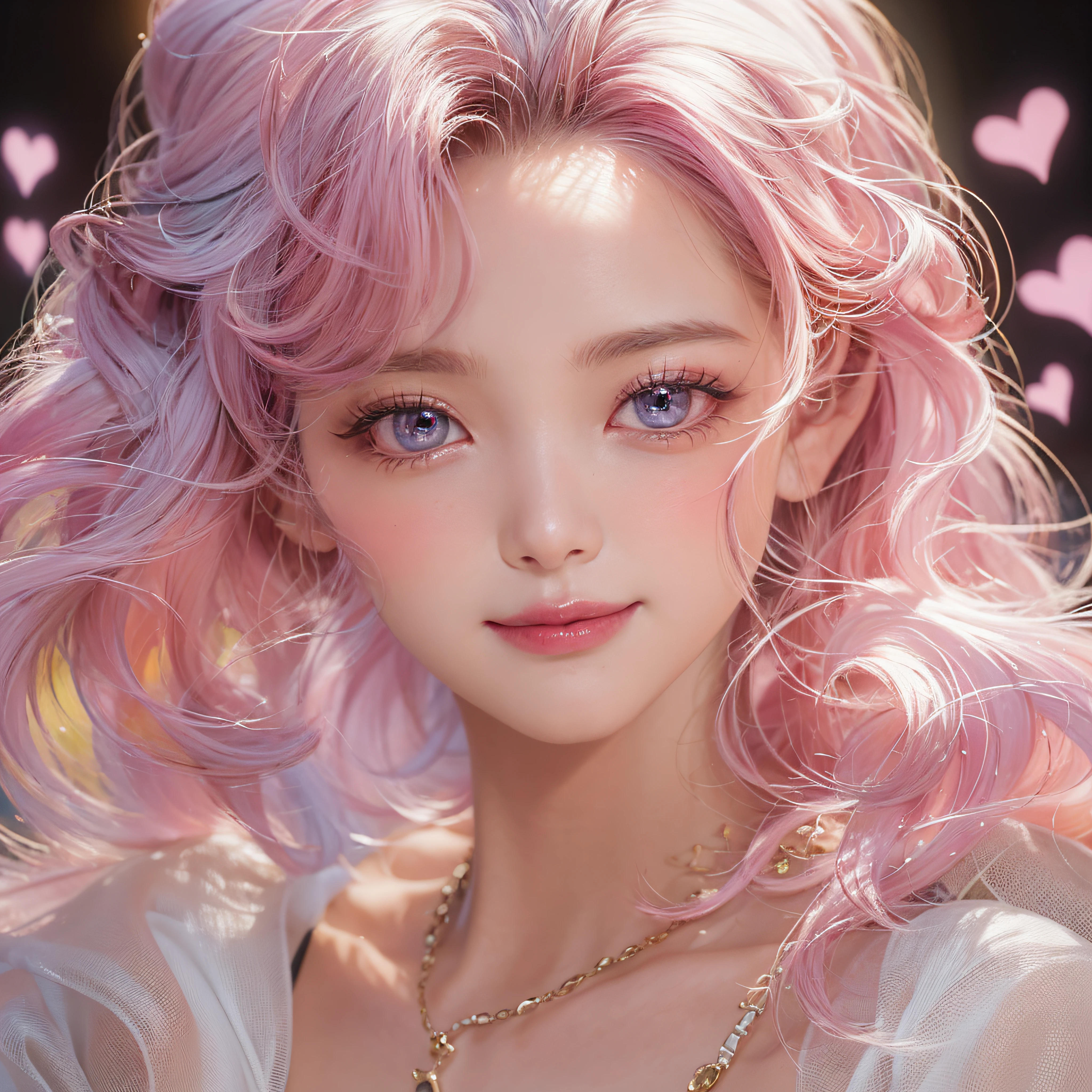 close-up of the smile face、super model、makeup、Glossy lips、Shining eyes、(realisitic、hight resolution)、(1 girl in)、Do-Up Eye、Korean Girl、(Best Quality), (masutepiece), (1girl in), Solo, a beauty girl, Perfect face, dreamlikeart、Highly detailed airbrush art((Surreal))、Volumetric lighting、(top-quality)、The ultra-detailliert、Highly detailed colorful details、(Bright lighting)、dynamic compositions、Ray traching、The mirror reflects light、Shallow depth of field、ultra-detailliert、mixing exposure、nffsw、Her eyes are glowing pink、Pink glowing heart on background