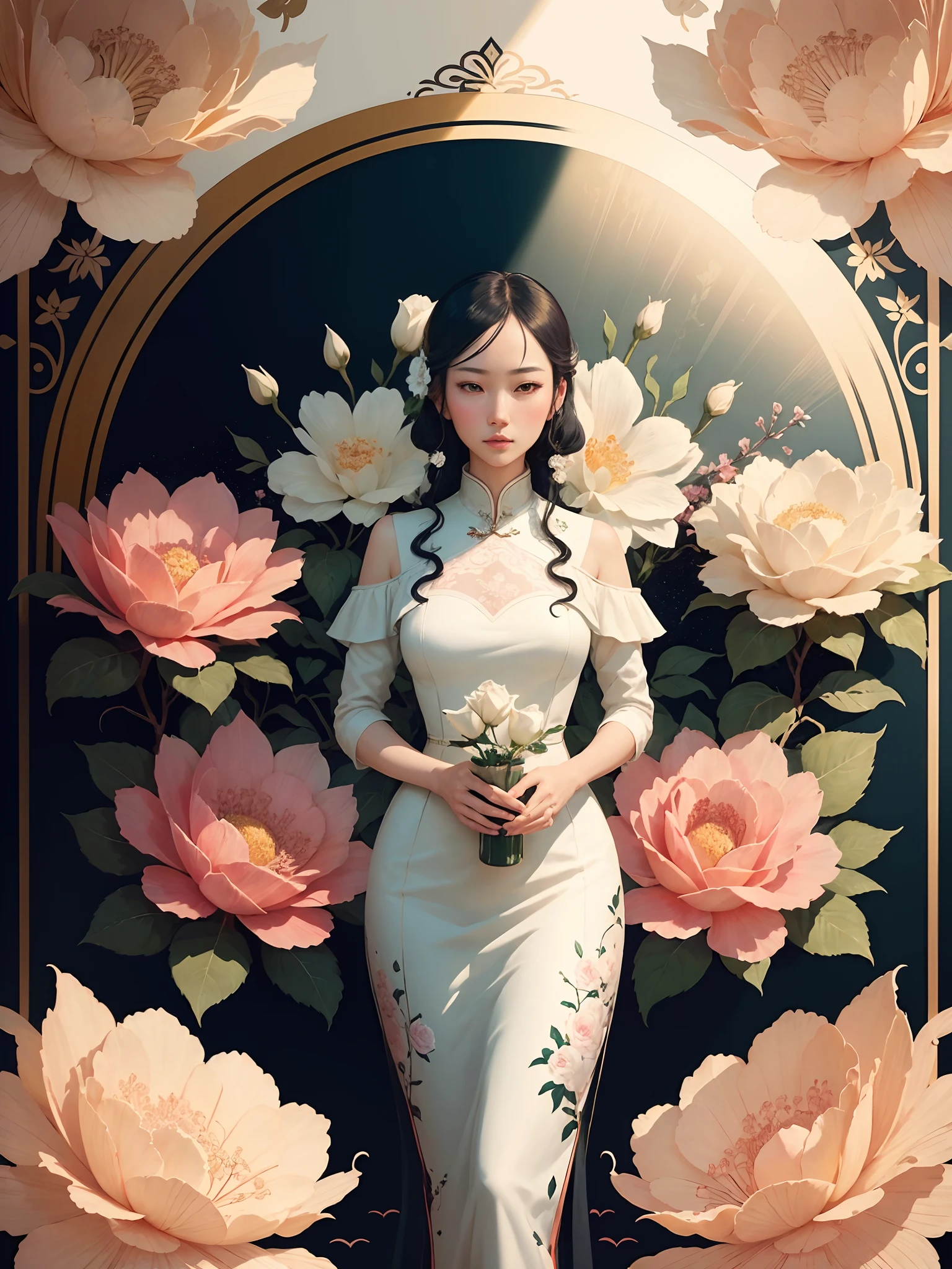 illustration, poster design, bottle of perfume, silk, white rose flowers, plants, chinoiserie, rich background, flat illustration, Victo Ngai style, stunning details atmospheric perspective, natural light lighting,Super detailed details, 8k