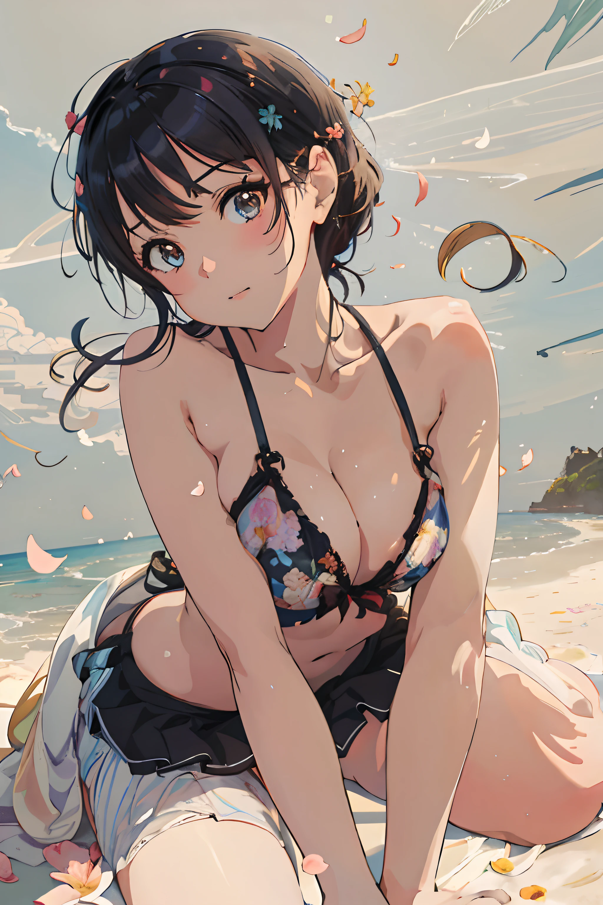 Anime girl in bikini sitting on the beach with petals in her hair, guweiz, Beautiful anime girl, Seductive Anime Girl, Ilya Kuvshinov. 4 k, anime style 4 k, charming anime girls, guweiz on pixiv artstation, pretty anime girl, anime moe art style, guweiz on artstation pixiv