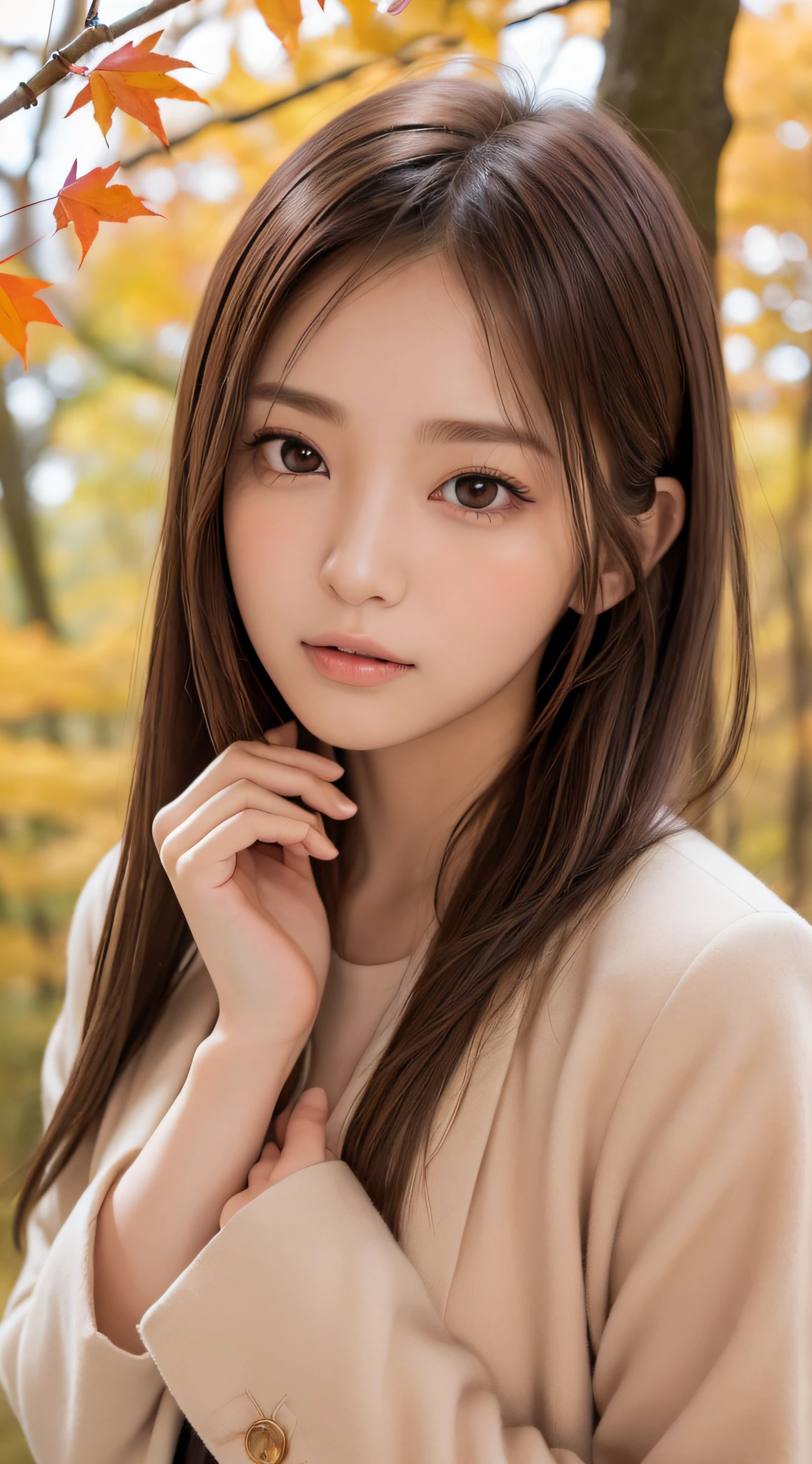 1womanl, (up of face:1.5), light brown hair, Blunt bangs, hair behind ear, hair over shoulder, Long hair, Ultra Fine Face, Thin face, Delicate lips, (beautidful eyes:1.5), thin blush, eyes are light brown,View here, Ultra-thin hands, Ultra-fine fingers, best ratio four finger and one thumb, Beige half coat , panthyhose, Broad-leaved forest with autumn leaves ,One-person viewpoint, 8K, masutepiece, nffsw, Super Detail, High quality, Best Quality, hight resolution,