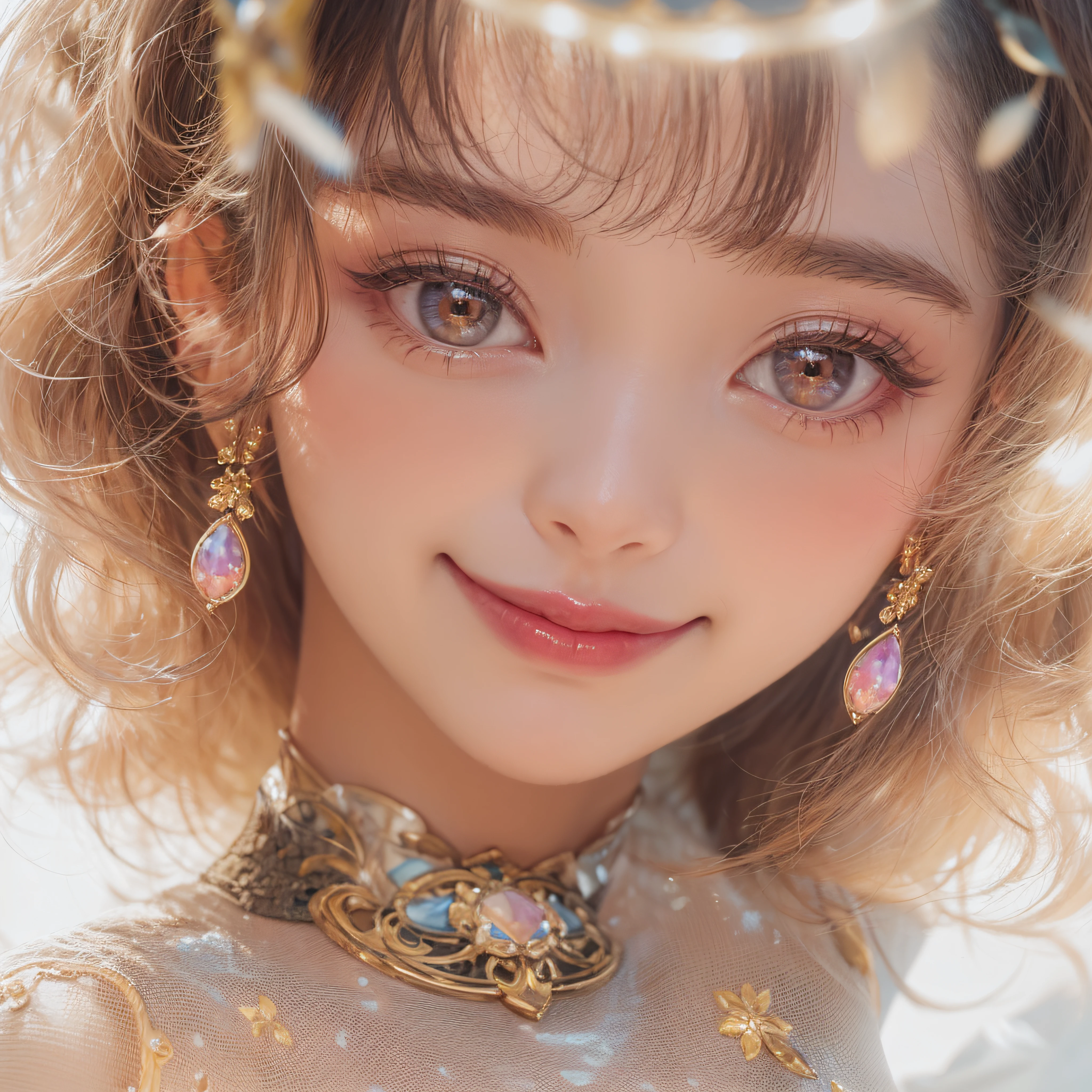 close-up of the smile face、super model、makeup、Glossy lips、Shining eyes、(realisitic、hight resolution)、(1 girl in)、Do-Up Eye、Korean Girl、(Best Quality), (masutepiece), (1girl in), Solo, a beauty girl, Perfect face, dreamlikeart、Highly detailed airbrush art((Surreal))、Volumetric lighting、(top-quality)、The ultra-detailliert、Highly detailed colorful details、(Bright lighting)、dynamic compositions、Ray traching、The mirror reflects light、Shallow depth of field、ultra-detailliert、mixing exposure、nffsw、Her eyes are glowing pink、Pink glowing heart on background