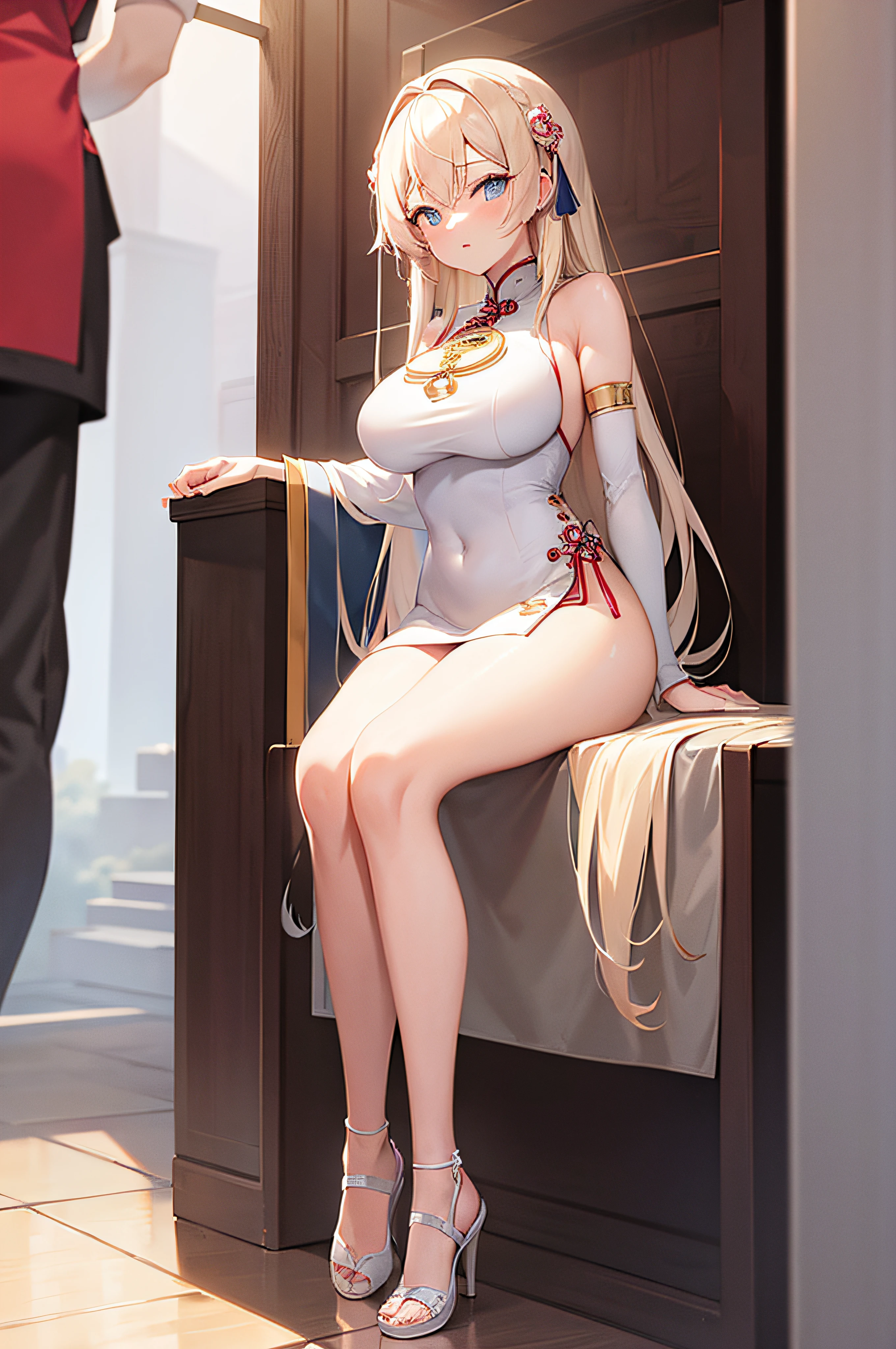 (masterpiece), best quality, expressive eyes, perfect face, anime girl with platinum blonde shiny hair and china dress with hair ornaments, seductive anime girl, medium_oppai, beautiful alluring anime woman, hajime yatate, female anime character, official anime still, beautiful alluring anime , anime best girl, attractive anime girl, temple shrine background, oppai proportions, wearing school uniform , 1 girl , seductive pose