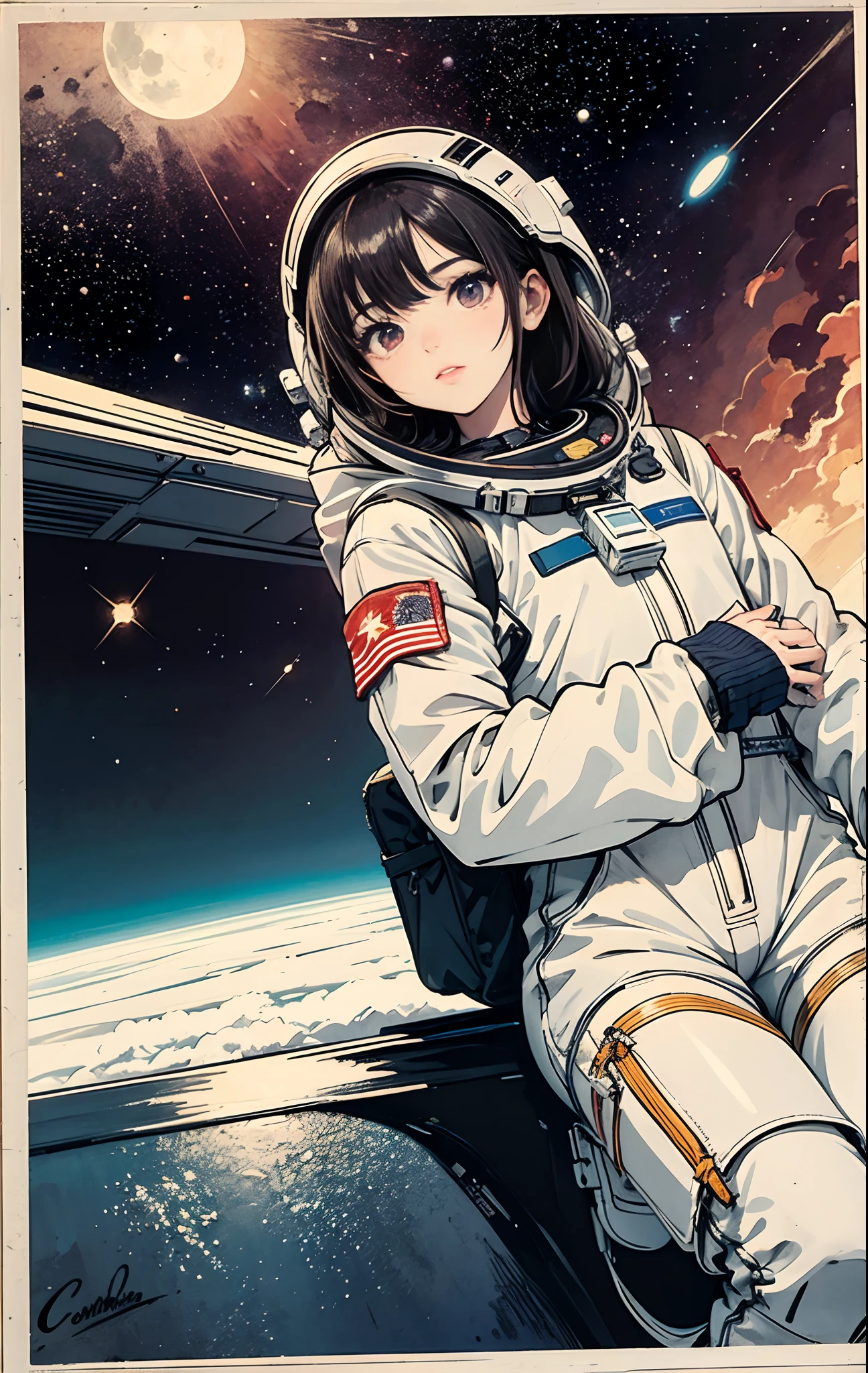 one girls, kosmos。space suits。Spacesuit helmet。space walk。