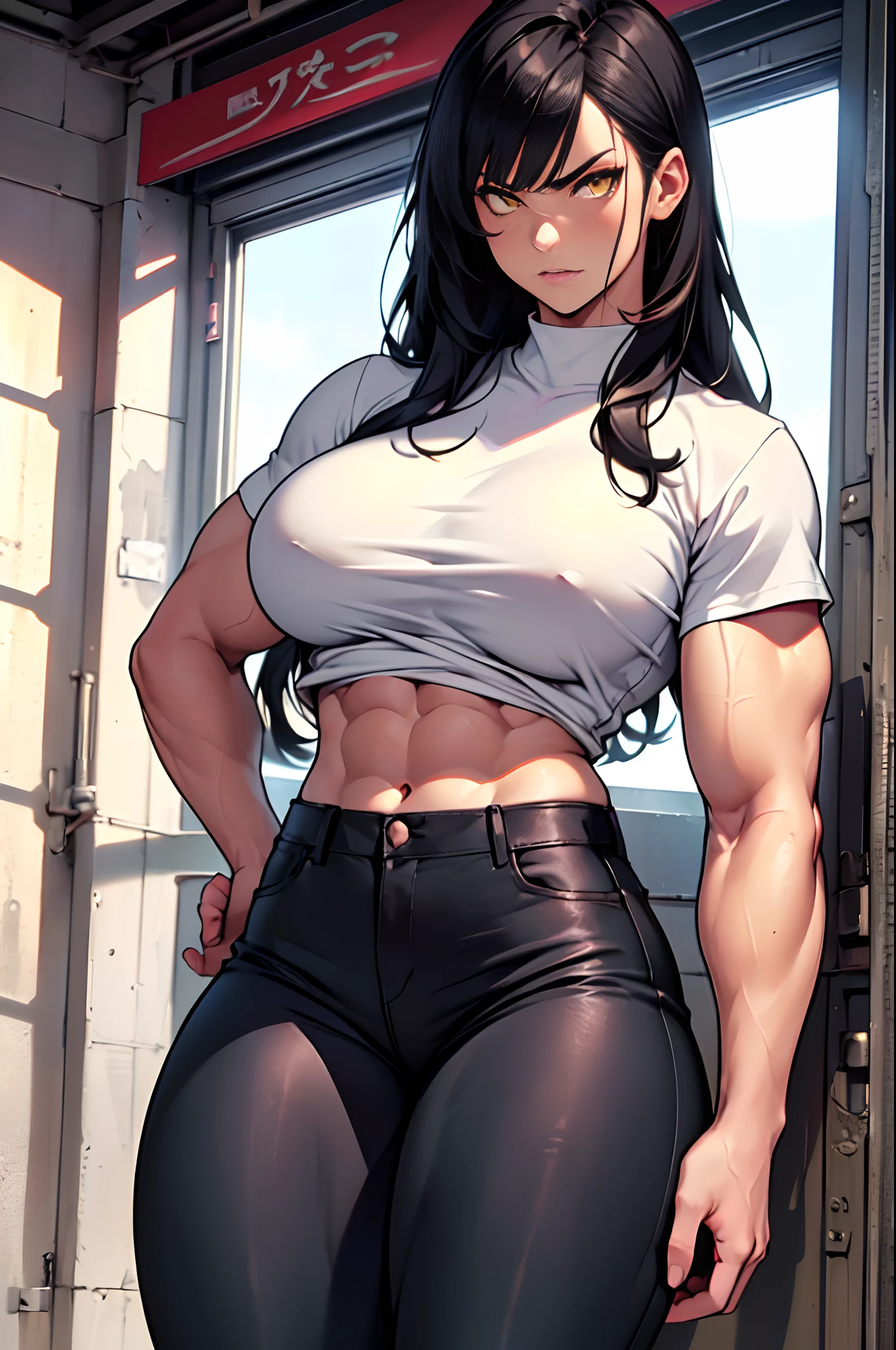 (((((muscular, large breasts, thick thighs, 1 girl))))), black hair, yellow eyes, angry, pale sin, very long hair, abs, midriff, navel, ((tight shirt, tight pants)), curvy, thin waist