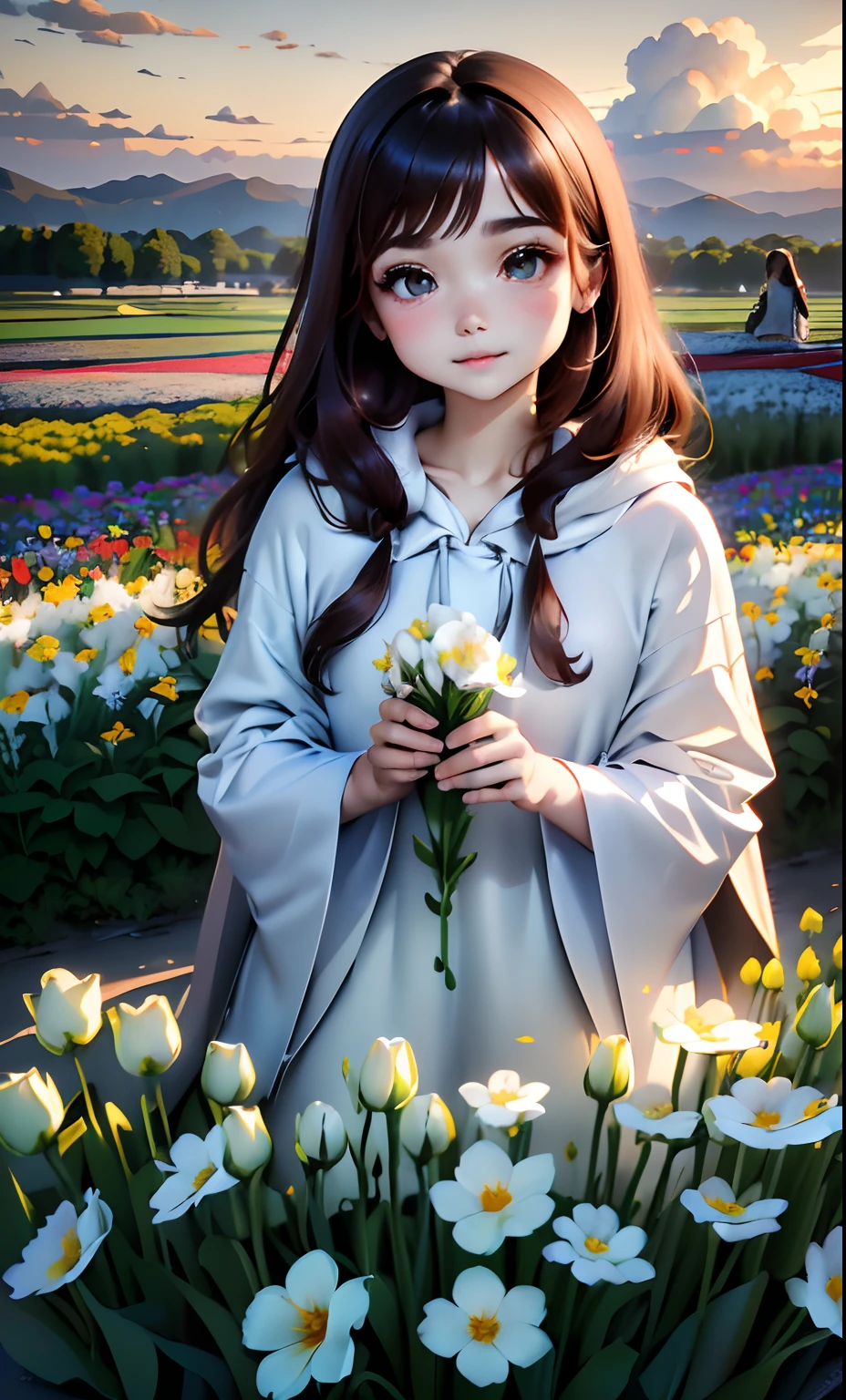 (masterpiece:1.2、top-quality)、nffsw、intricate detailes、1girl in、Light brown eyes:1.5、beautiful brown long-haired、Silky straight hair、Twilight Look、Long Grey Poncho、(((plein air、flower field、colorful flower々)))、Natural light、blue open sky、cumulonimbus clouds、