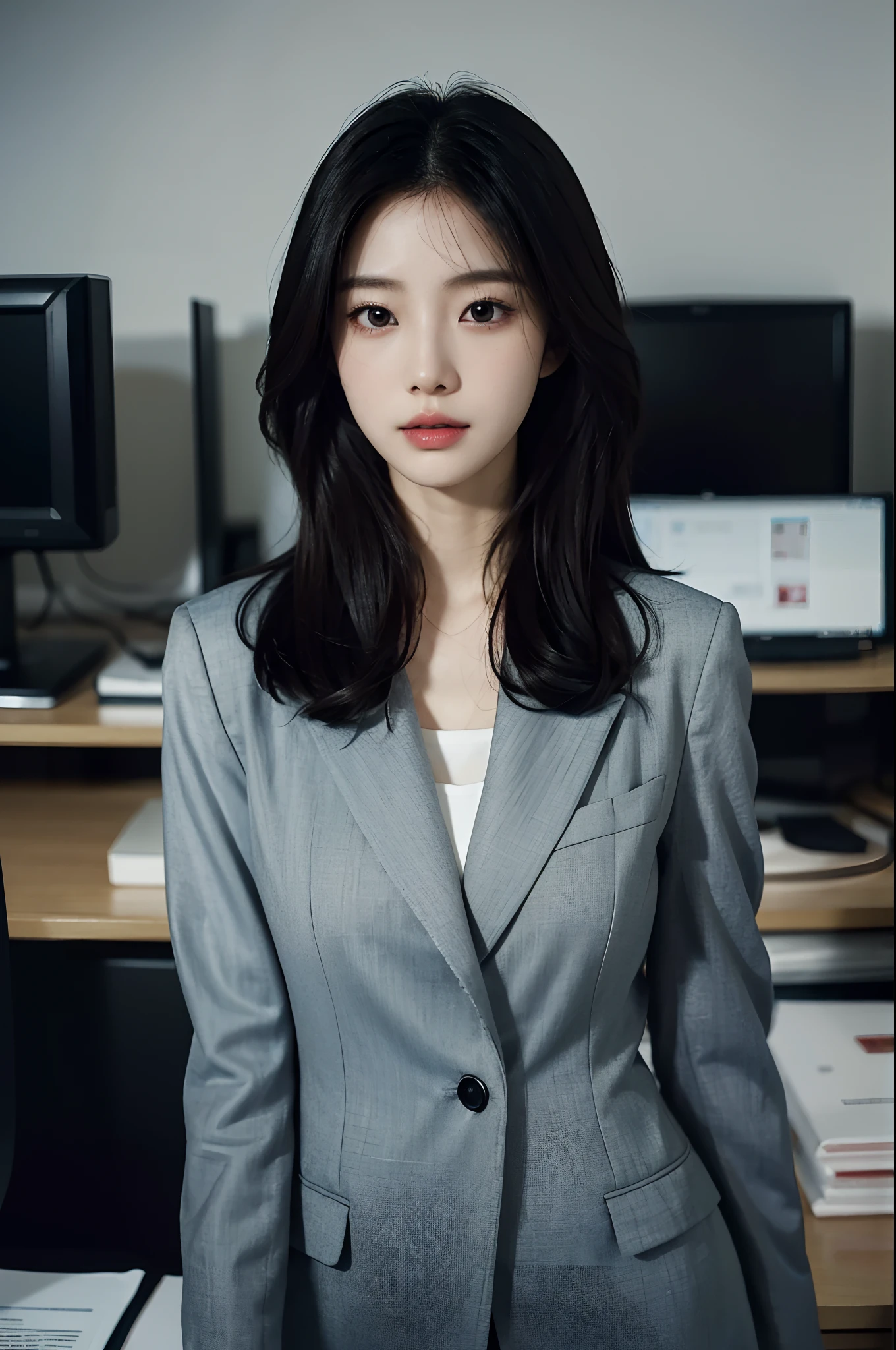 High-res, Realistic portrait of professional korean office lady with perfect skin，Professional suits，Women's suits，stand posture，The upper part of the body，Women in the workplace，Show confidence and maturity, Surrounded by a modern corporate environment, Vibrant and naturally lit highlights. The artwork should emphasize her elegant facial features, Including charming long eyes, Fluttering eyelashes and seductive lips. The scene should be enhanced with elements of professionalism and visual appeal，For example, Stylish work desk, Mainframe computers, High-resolution display, and complex stationery. The overall tone should be warm and professional, Has a soft and natural color palette. The artwork should exude a sense of professionalism, Success, and cultural pride，The background is blurred out