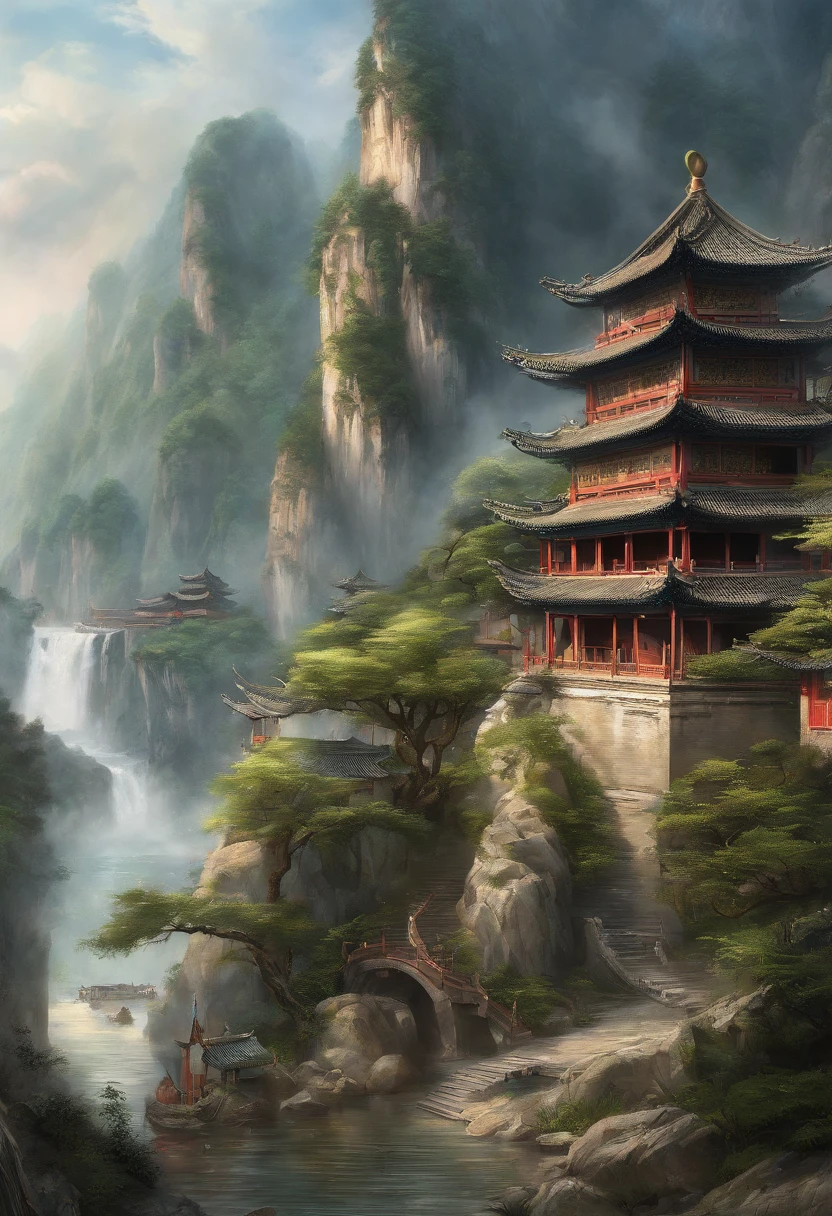 This painting presents a very realistic and extremely detailed work of Chinese landscape,Created by artist Aleksandar Popov。The painting stands out for its nuanced depiction。A vibrant and vibrant Chinese scene is shown,Including mountains、Rivers and buildings。The artist brings the details to life through his great skill,Make the viewer feel as if they are there。The mountains and rivers in the painting show realism with their precise lines and light and shadow effects,Make people feel the magnificence and tranquility of nature。The detailed depiction of the building is equally stunning,From the tiles of the roof to the railings of the windows,Every detail is depicted very accurately。The whole picture exudes the atmosphere of Chinese culture,It gives people a deep artistic enjoyment。The painting is known through its surreal style and virtuosity,It shows the viewer the power of art and the beauty of Chinese culture。