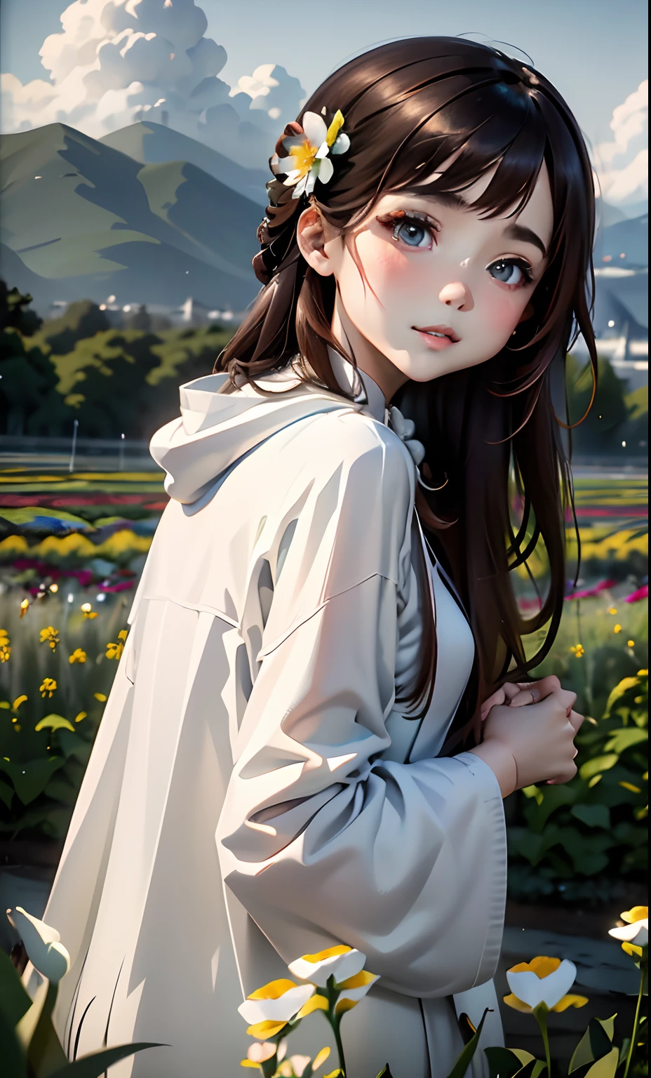 (​masterpiece:1.2、top-quality)、Anime style、intricate detailes、1girl in、Light brown eyes:1.5、beautiful brown long-haired、Silky straight hair、Twilight Look、Long Grey Poncho、(((plein air、flower  field、colorful flower々)))、Natural light、blue open sky:1.5、cumulonimbus clouds、