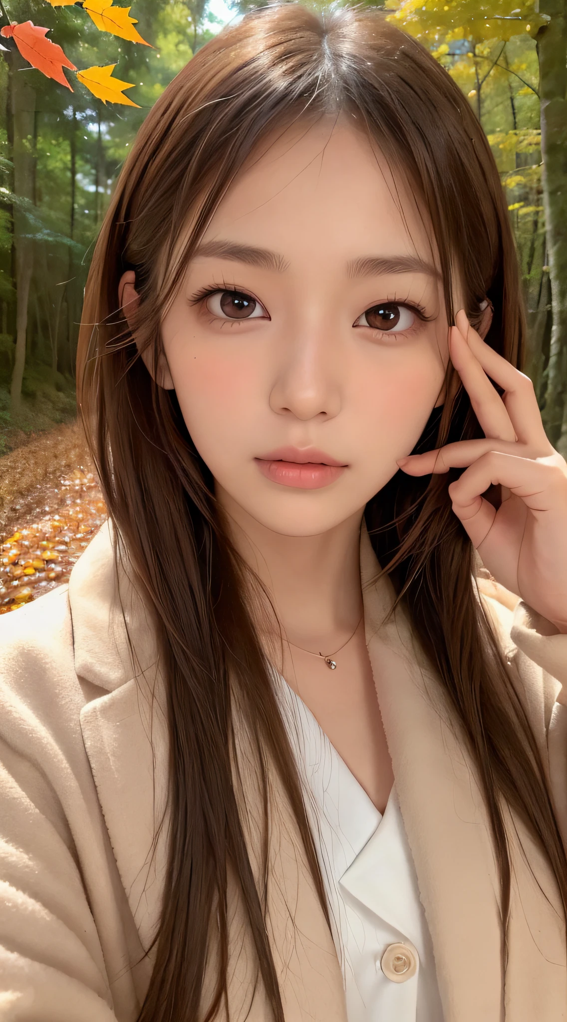 1womanl, (up of face:1.5), light brown hair, Blunt bangs, hair behind ear, hair over shoulder, Long hair, Ultra Fine Face, Thin face, Delicate lips, (beautidful eyes:1.5), thin blush, eyes are light brown,View here, Ultra-thin hands, Ultra-fine fingers, best ratio four finger and one thumb, Beige half coat , panthyhose, Broad-leaved forest with autumn leaves ,One-person viewpoint,  8K, masutepiece, nffsw, Super Detail, High quality, Best Quality, hight resolution,