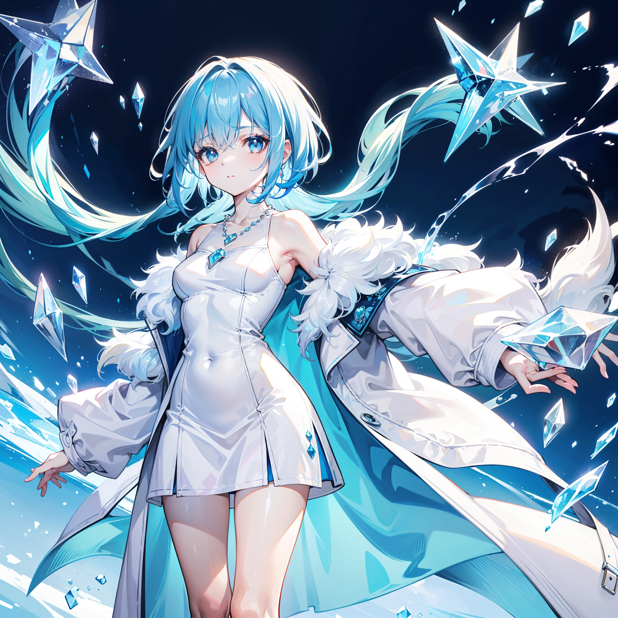 Short shimmering ice blue hair,Very sweet and shiny delicate face,Cream long cotton coat, Soft blue and white,high-necked,Pair it with a blue-silver ice crystal necklace,Show off slenderness, Smooth and delicate legs,Very refined and HD