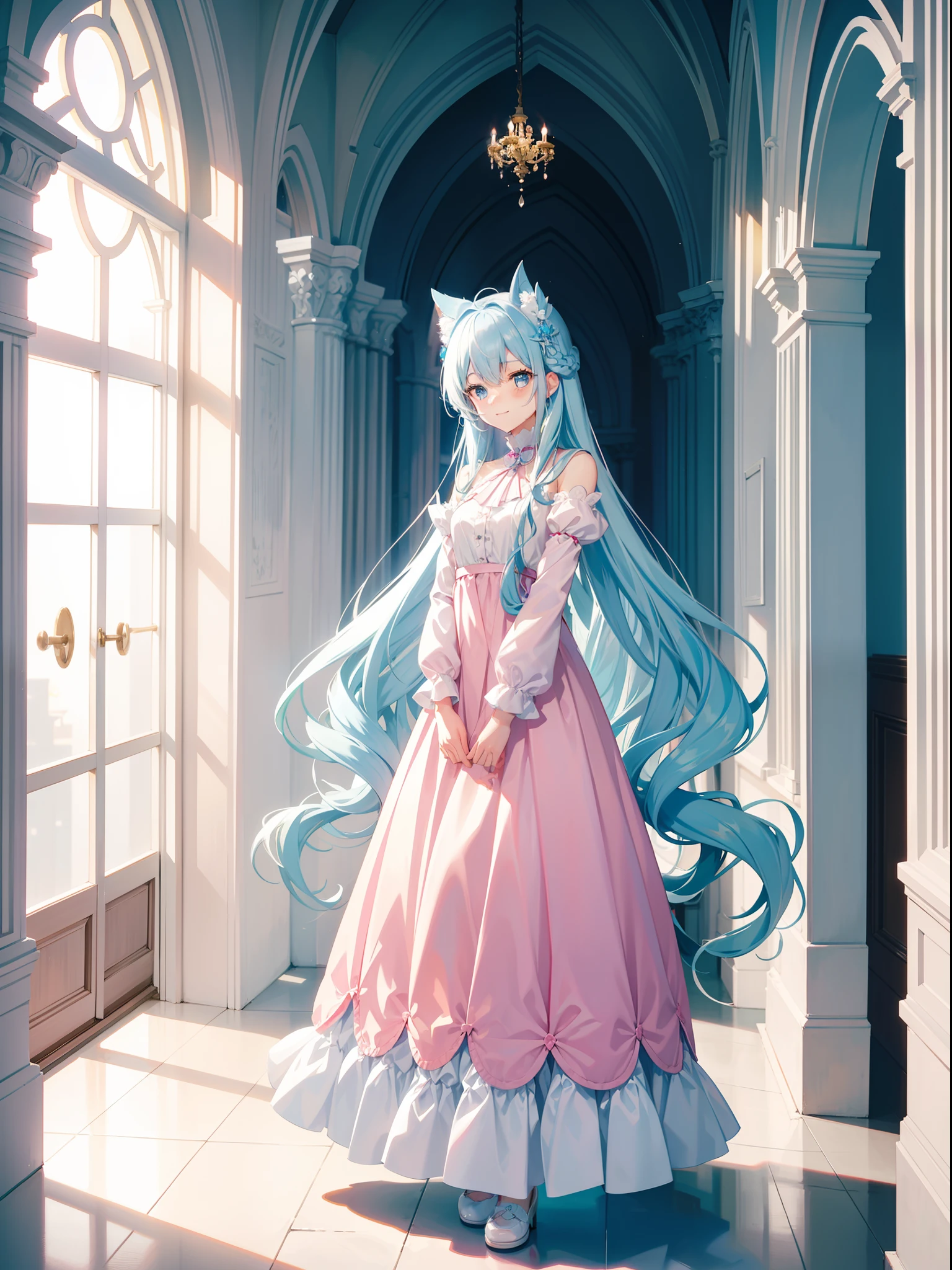 Long light blue hair，Twin-tailed、sky-blue eyes，Girl in pink and white long dress，A charming smile、elegant look，Near and far law、In the hallway of the church