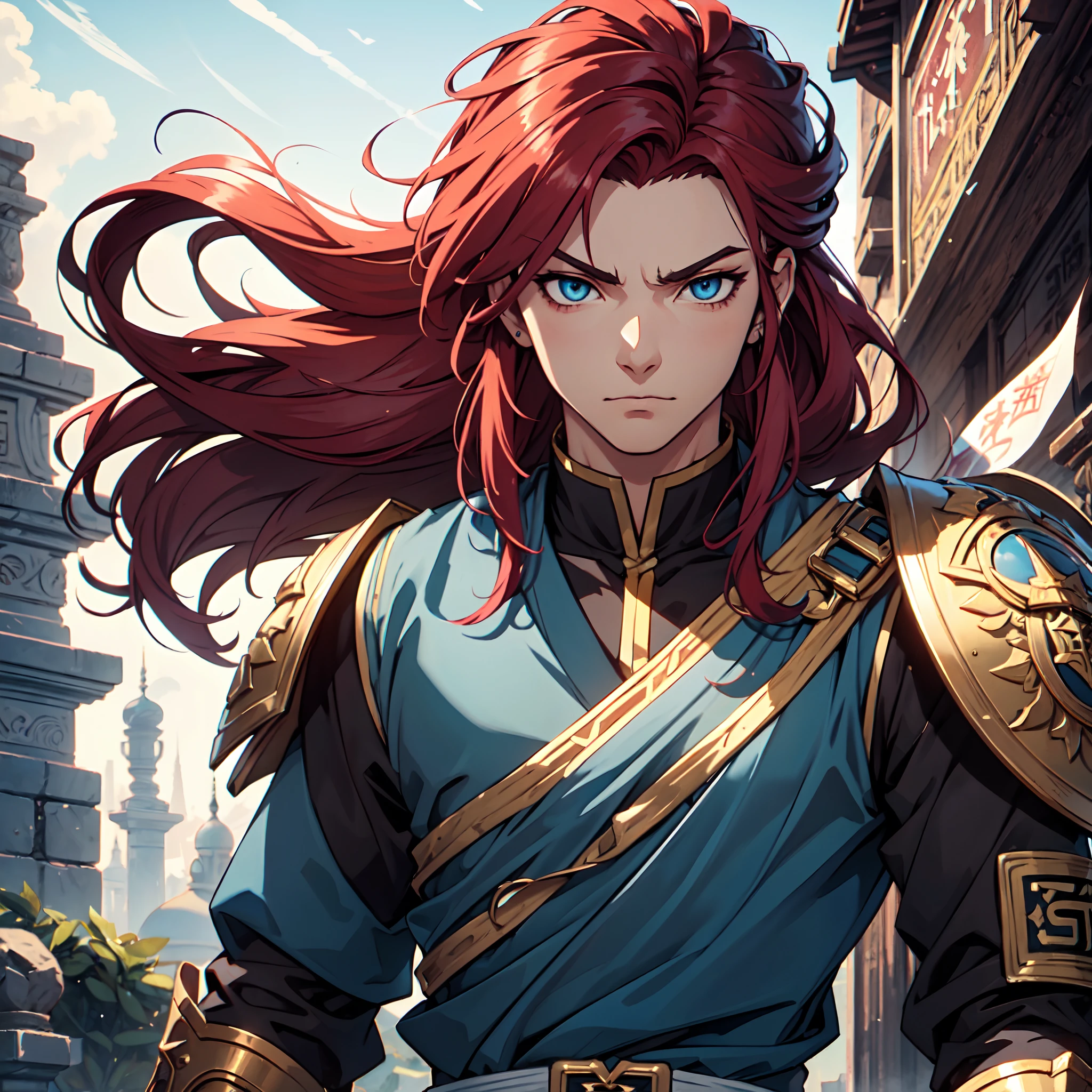 Ultra High Definition, Ultra High Quality, Extremely Detailed, Perfectly Detailed, Masterpiece, 8k, 1 Boy, Look A Like Xin From Kingdom Anime, Handsome, Equipped With Royal Knight Armor, Solid Light Blue Eyes, Long Red Hair, Body Shot, Ancient Kingdom Background