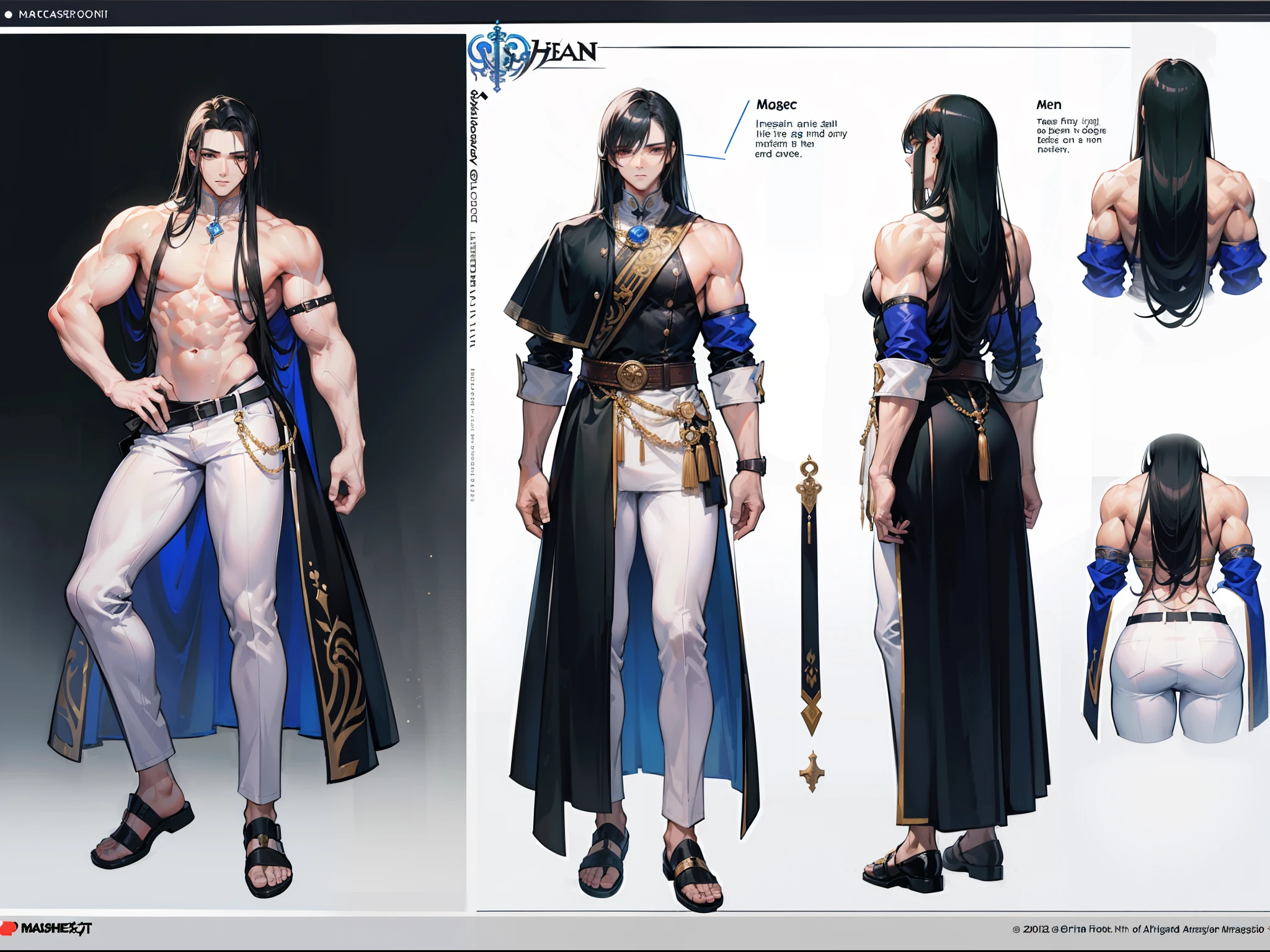 ((Masterpiece, Highest quality)), Detailed face, character design sheet, full bodyesbian, Full of details, frontal body view, back body view, Highly detailed, Depth, Many parts, Muscle boy with long black hair with long bangs,handsome man, muscle body, white outfit male gods, man tall