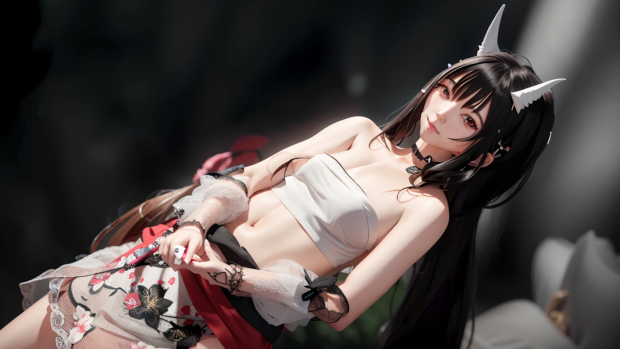 anime girl with horns and a white dress, 3d anime girl, anime styled 3d, twintails white_gloves, tifa, pixiv 3dcg, smooth anime cg art, render of a cute 3d anime girl, photorealistic anime girl render, artistic render of reimu hakurei, rendered in sfm