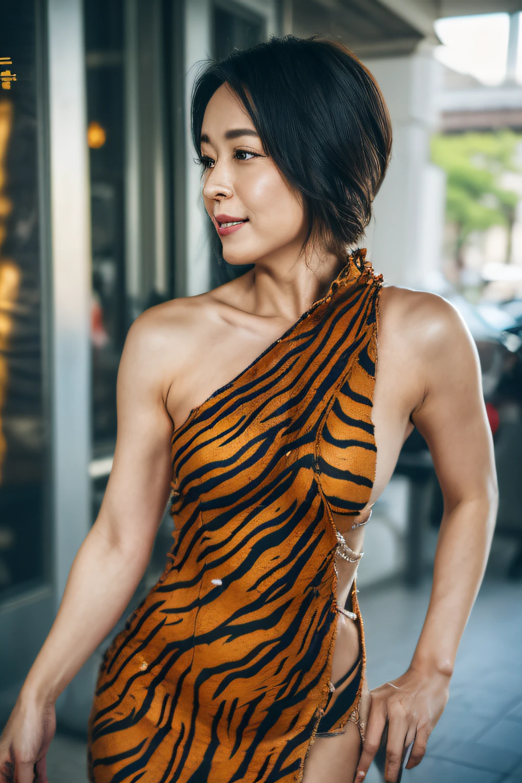 ((top-quality、8K分辨率、Master masterpiece、Portrait:1.3)), Photorealsitic, 35㎜ film,depth of fields, A MILF,Beautie, Wrinkles at the corners of the eyes,Glamour,Seductive smile、naughty expression、Heavy breathing,Full body shot, looking at the spectator,naked_savage style,(tiger skin_ripped dress,:1.2),(slutty lose dress_side boob:1.2), (deep slit revealing thigh_pelvic dress:1.2),(one shoulder_sleeveless:1.2),Outdoor photography_the city street,Daytime