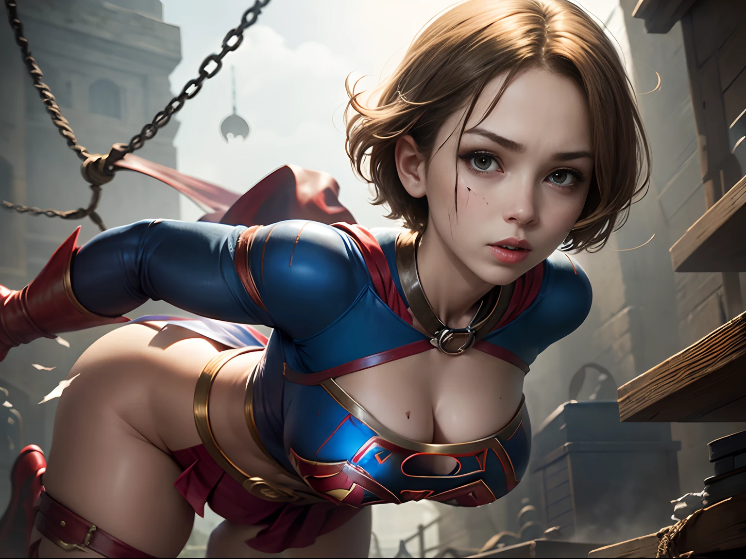 masterpiece、Short-haired Supergirl suspended by rough rope、large full breasts、Looking at the camera、Glossy costume、Tattered costume、Injury、heavy injury、bandaged、Dungeon、slaves
