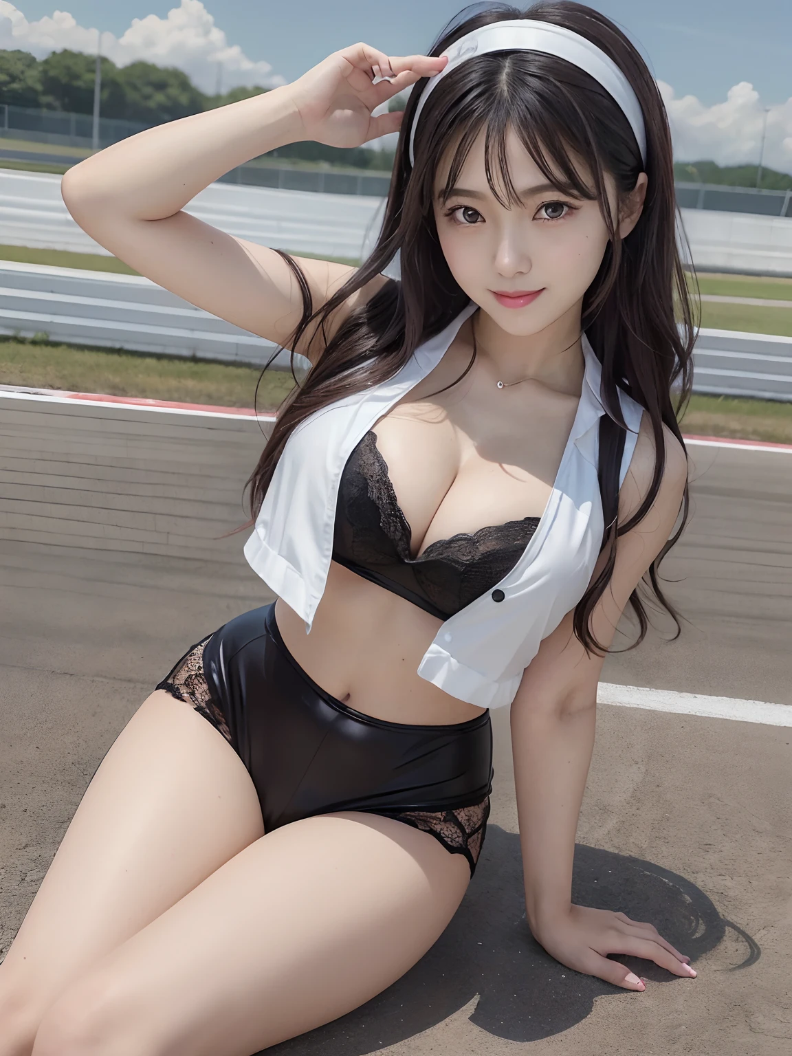 (4 k、top-quality)、(realisitic、Photorealsitic)、(Yakian)、
1girl in、独奏、fullllbody、(face to the viewer)、
perfect hand、up looking_で_the viewer、
whiteshirt、
Daytime、Suzuka Circuit、finerly detailed face、Slightly chubby、The best smile、You can see the double teeth、white hairband、Light brown long curled hair,,(super gigantic breast, cleavage:1.2),(Black enamel lace_queen、I'm wearing enamel shorts:1.3), (Cameltoe),、Nogizaka Idol、actress、Korean Idol、hposing Gravure Idol,place one's arms behind one's back,raise both arm,(Aside)、I'm wearing long black enamel boots、