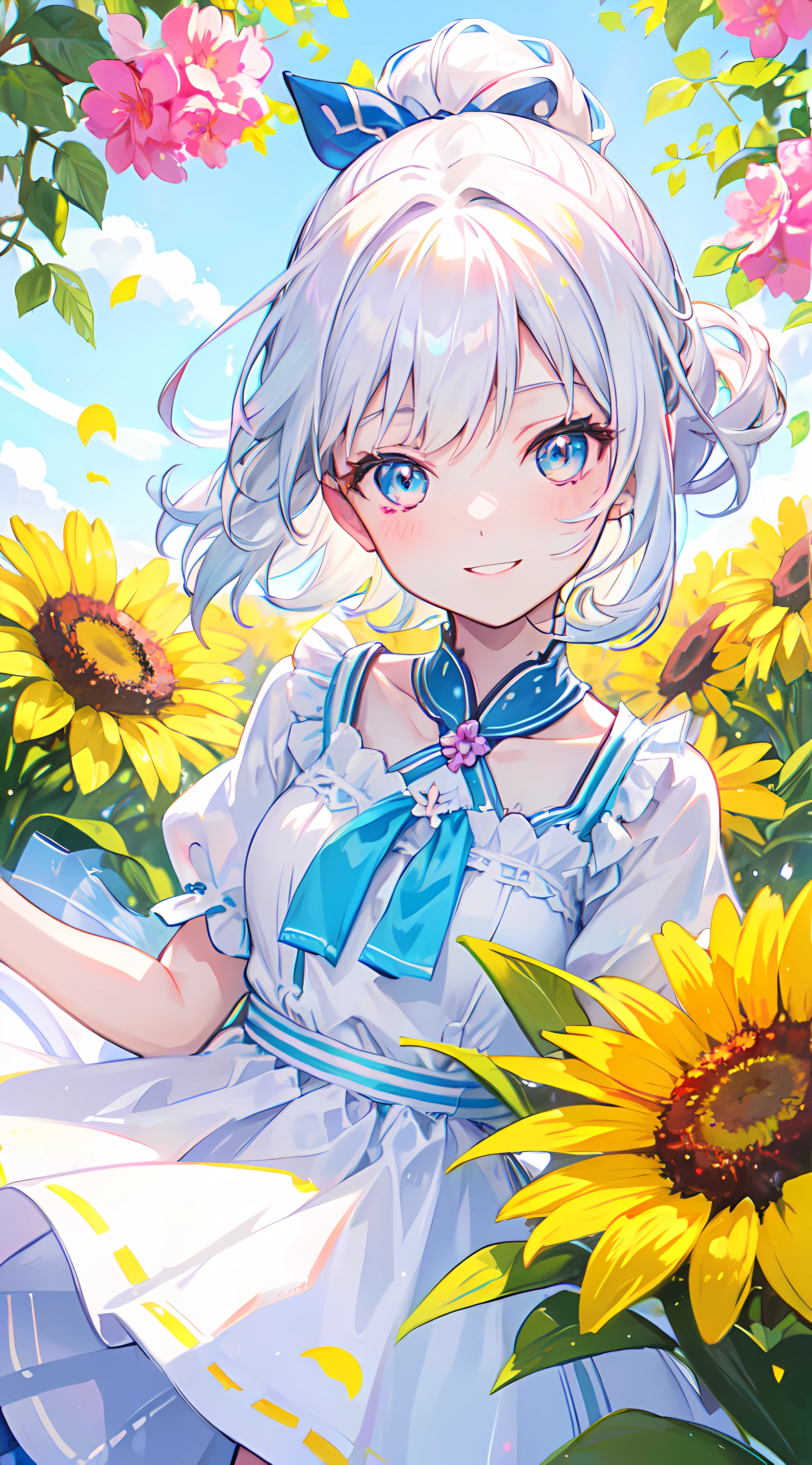 best quality,realistic,portrait,(bright colors,bold colors),(sunlight,soft lighting),(Suno:1.1),white hair girl,ponytail,sparkling eyes,winking,smiling,laughing,happy,cheerful,joyful,delighted,teehee,say cheese,dainty dress,flowery garden,morning sunlight,playful expression,lively,freely moving hair,blushing cheeks,big bright smile,innocent look,brilliant background,colorful flowers and butterflies,vibrant,sunny day,pure happiness