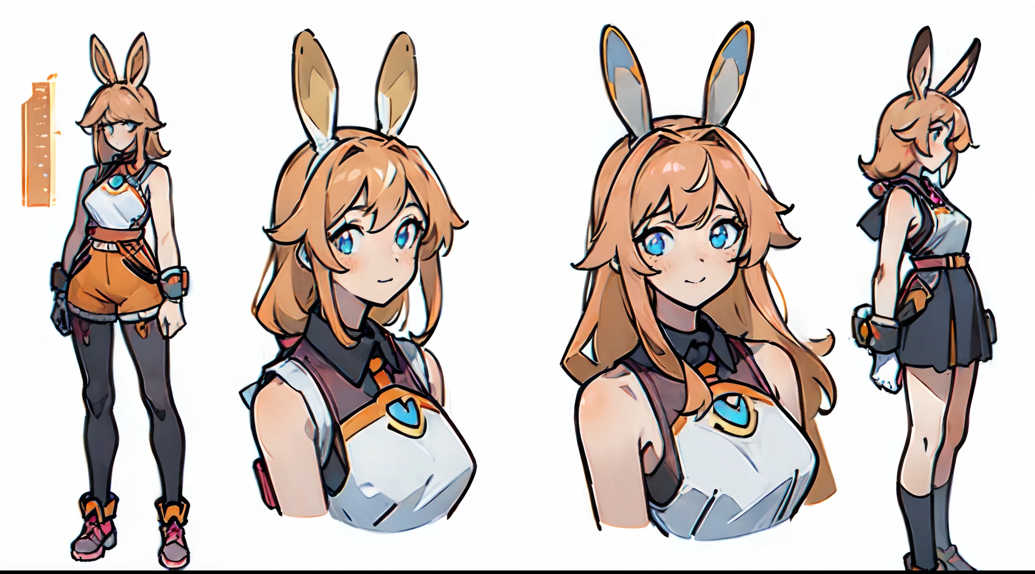 ((Best Quality)), ((Masterpiece)), ((Realistic)) ((Best Quality)), ((Masterpiece)), ((Realistic)) 1woman, cute face, adult mature female (spiky hair,) ((orange-pink mullet 1.1)), (mid length hair), blue eyes, (white/yellow pupil,) hero, sleeveless blue swimsuit, long orange-pink (((rabbit ears,))) , relaxed happy face ((slender)) (busty), (((detailed character sheet, frontal view, side view, three quarter view))) (((white background))) 8 and a half heads full body