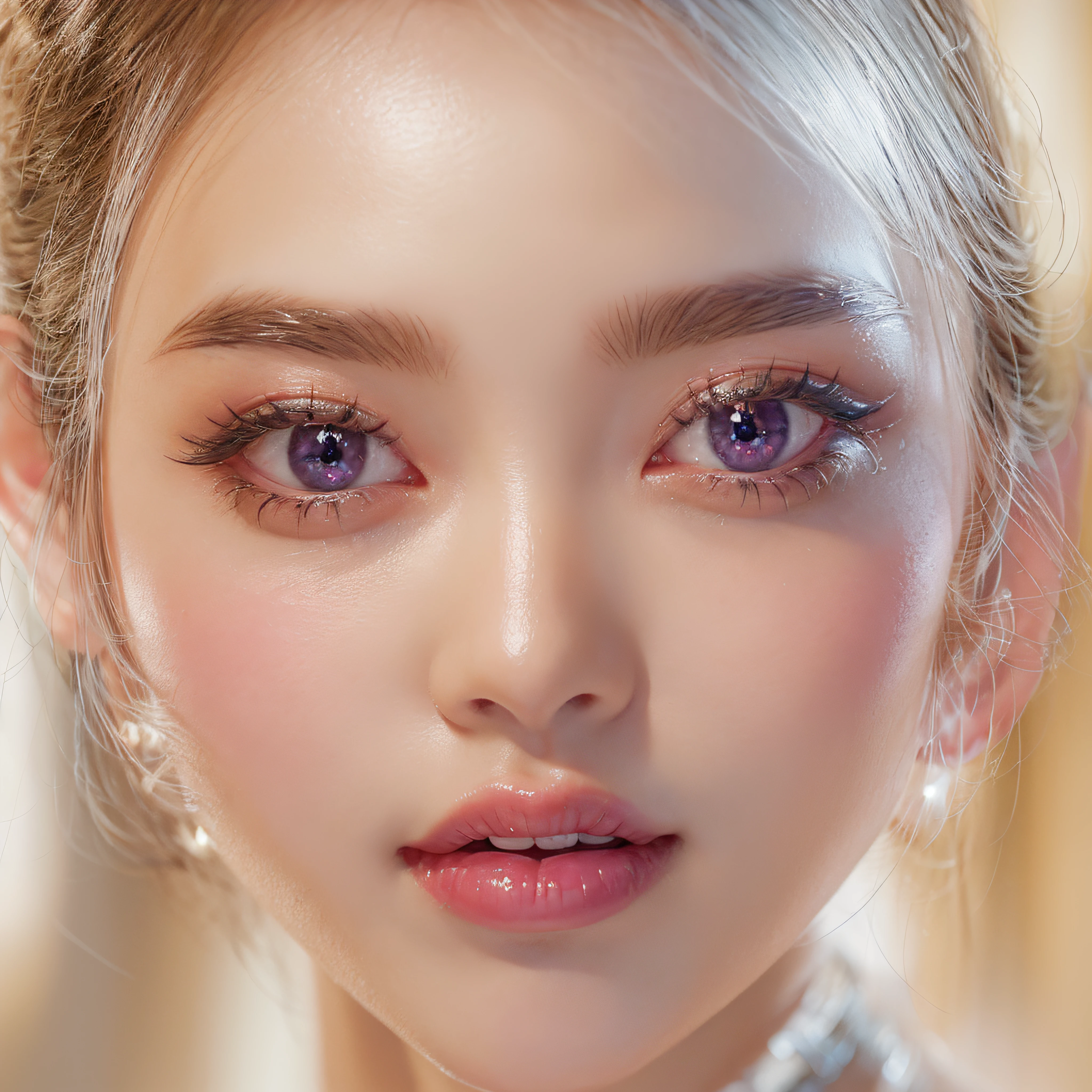 close-up of the smile face、super model、makeup、Glossy lips、Shining eyes、(realisitic、hight resolution)、(1 girl in)、Do-Up Eye、Korean Girl、(Best Quality), (masutepiece), (1girl in), Solo, a beauty girl, Perfect face, dreamlikeart、Highly detailed airbrush art((Surreal))、Volumetric lighting、(top-quality)、The ultra-detailliert、Highly detailed colorful details、(Bright lighting)、dynamic compositions、Ray traching、The mirror reflects light、Shallow depth of field、ultra-detailliert、mixing exposure、nffsw、Her eyes are glowing pink、Pink glowing heart on background
