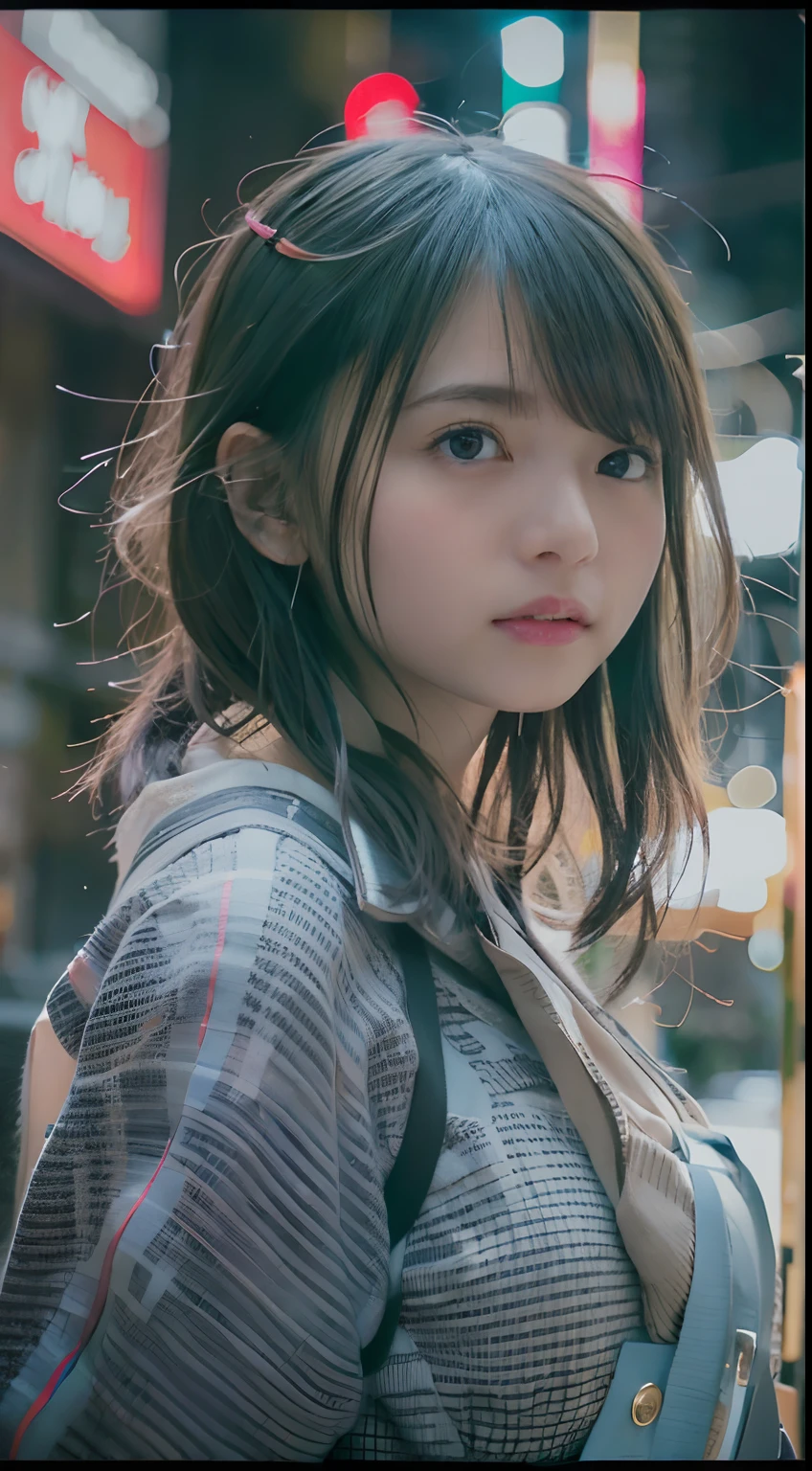 女の子1人、on tokyo street、A city scape、night cityscape、Neon Street、Rain at night、Rain-drenched body、The upper part of the body、a closeup、A smile、、(8K、Raw photography、top-quality、​masterpiece:1.2)、(realisitic、photoRealstic:1.37)、Highly detailed eyelash drawing、(((Top image quality))),Colossal tits、Fine skin, (Beautiful hair), (Perfect Anatomy), (Realistic), (Dynamic Angle), Pose Seductive,Perfect,Sensual look、top-quality、hight resolution、