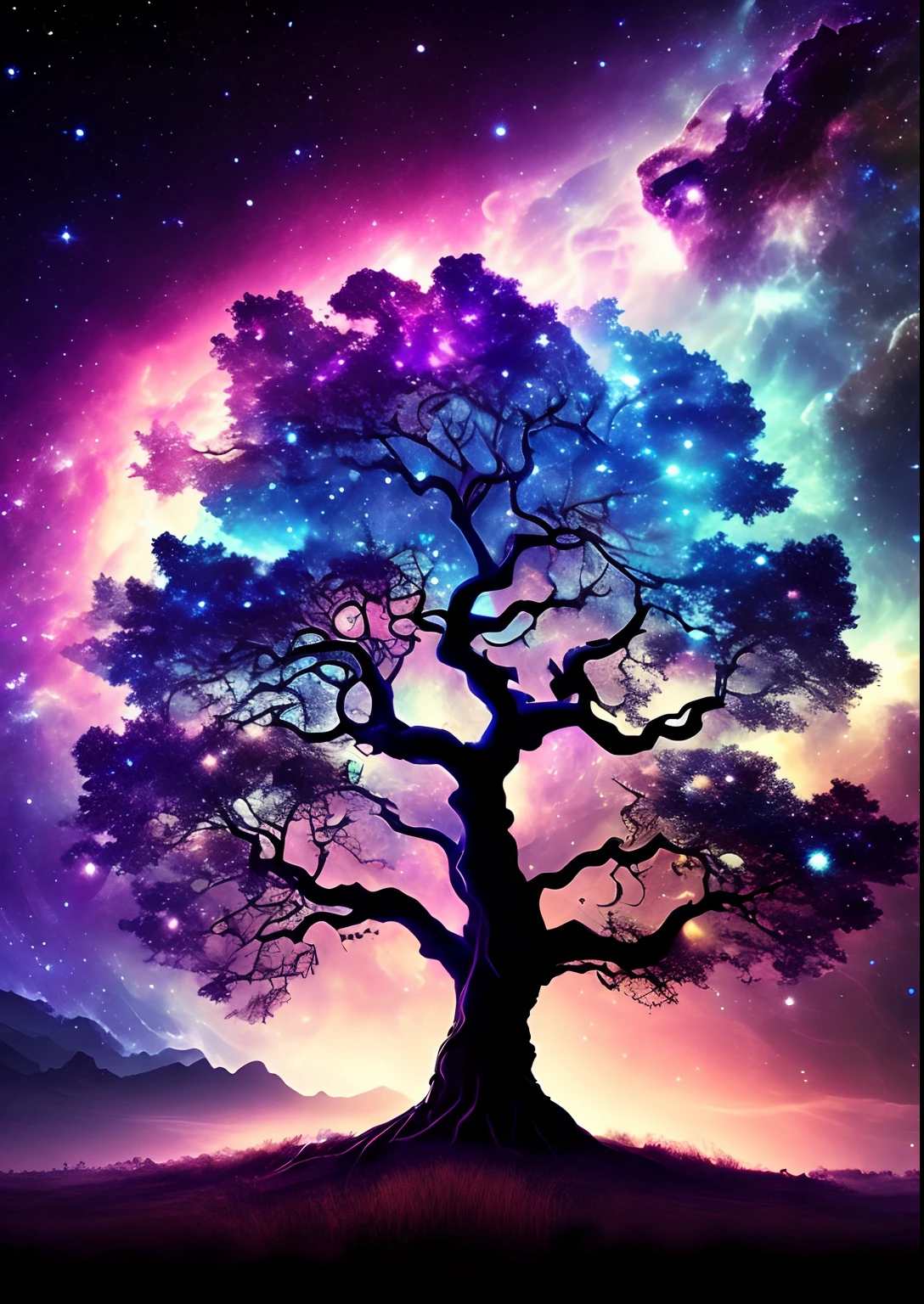 dreamlikeart, galaxy, outer space, nebula, star, [cyberpunked] Bodhi tree from the stars (star:1.5),