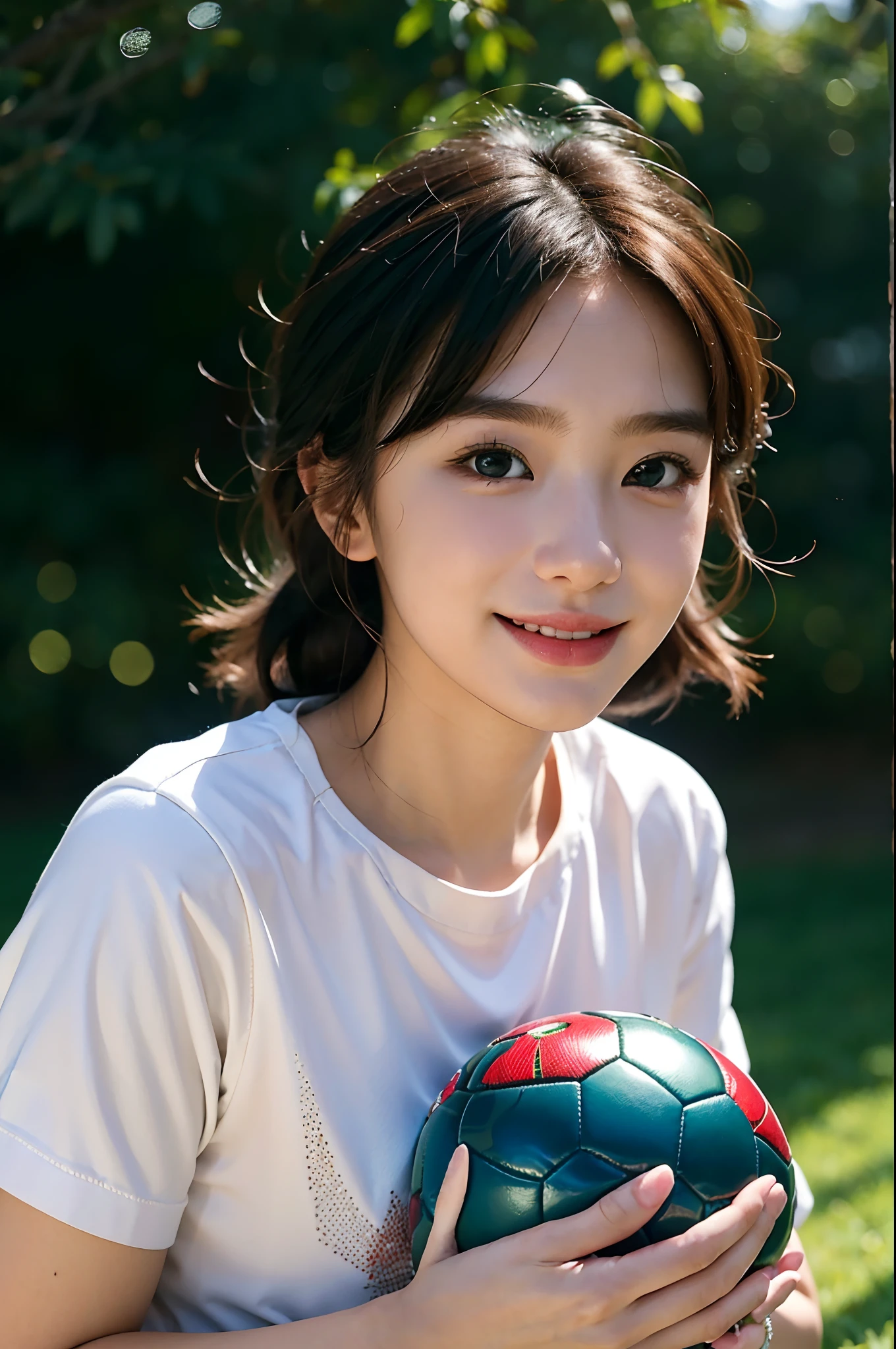 Best quality,Ultra-detailed,Realistic,photo-realistic:1.37,Korean football baby,韓国アイドル,Girl in the garden,Beautiful detailed eyes,beautiful detailed lips,long eyelasher,Girl wearing South Korea national football team jersey,Holding a football with a smile,Green meadow,Flowers in the garden,and the sun was shining brightly,Soft natural lighting,Portrait style,Crisp and vibrant colors,Cheerful and energetic,joyful expressions,Festive atmosphere,athlete,Professional photography.