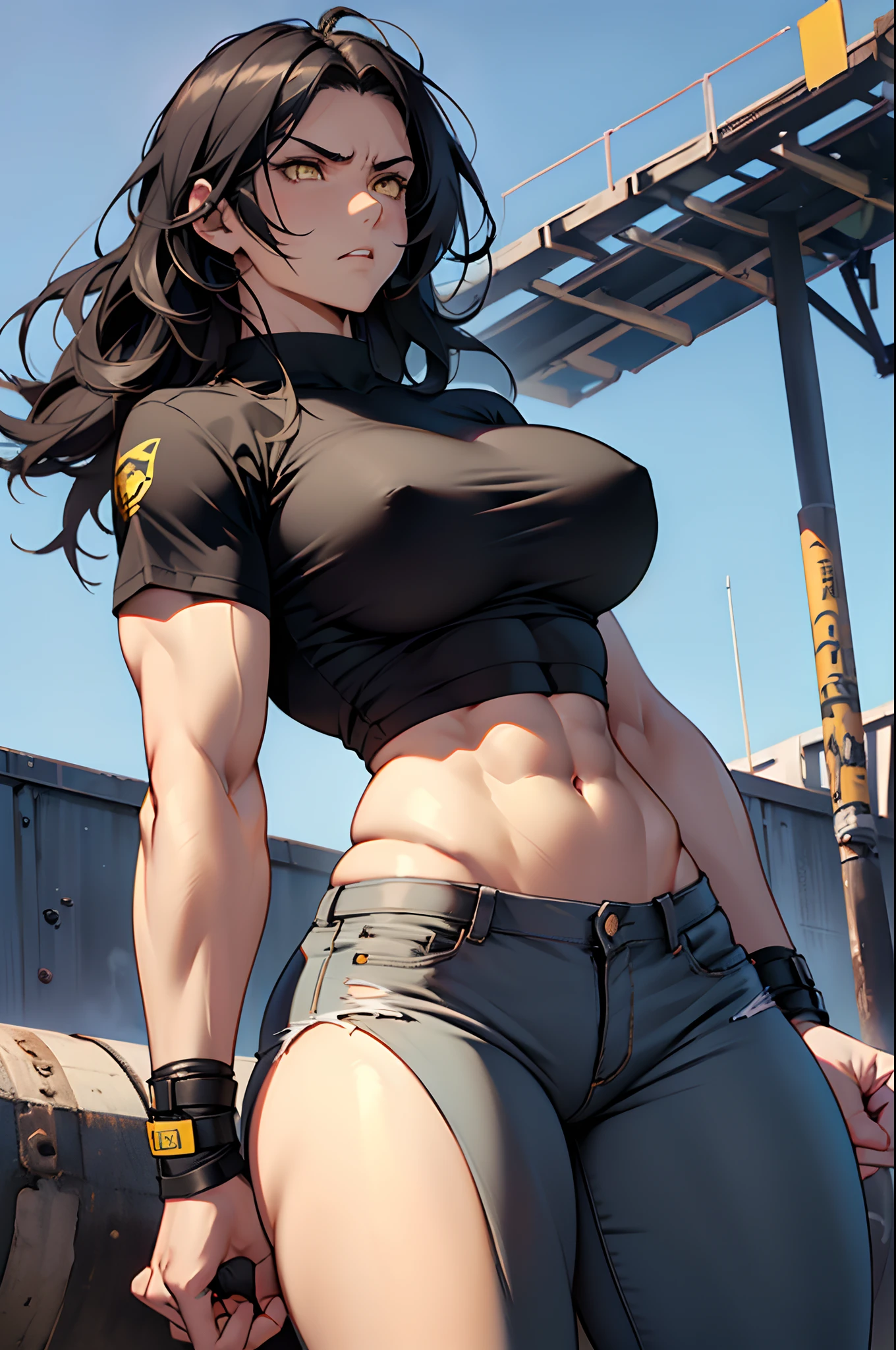 (((muscular, large breasts, thick thighs, 1 girl))), black hair, yellow eyes, angry, pale sin, very long hair, abs, midriff, navel, (tight shirt, tight pants)