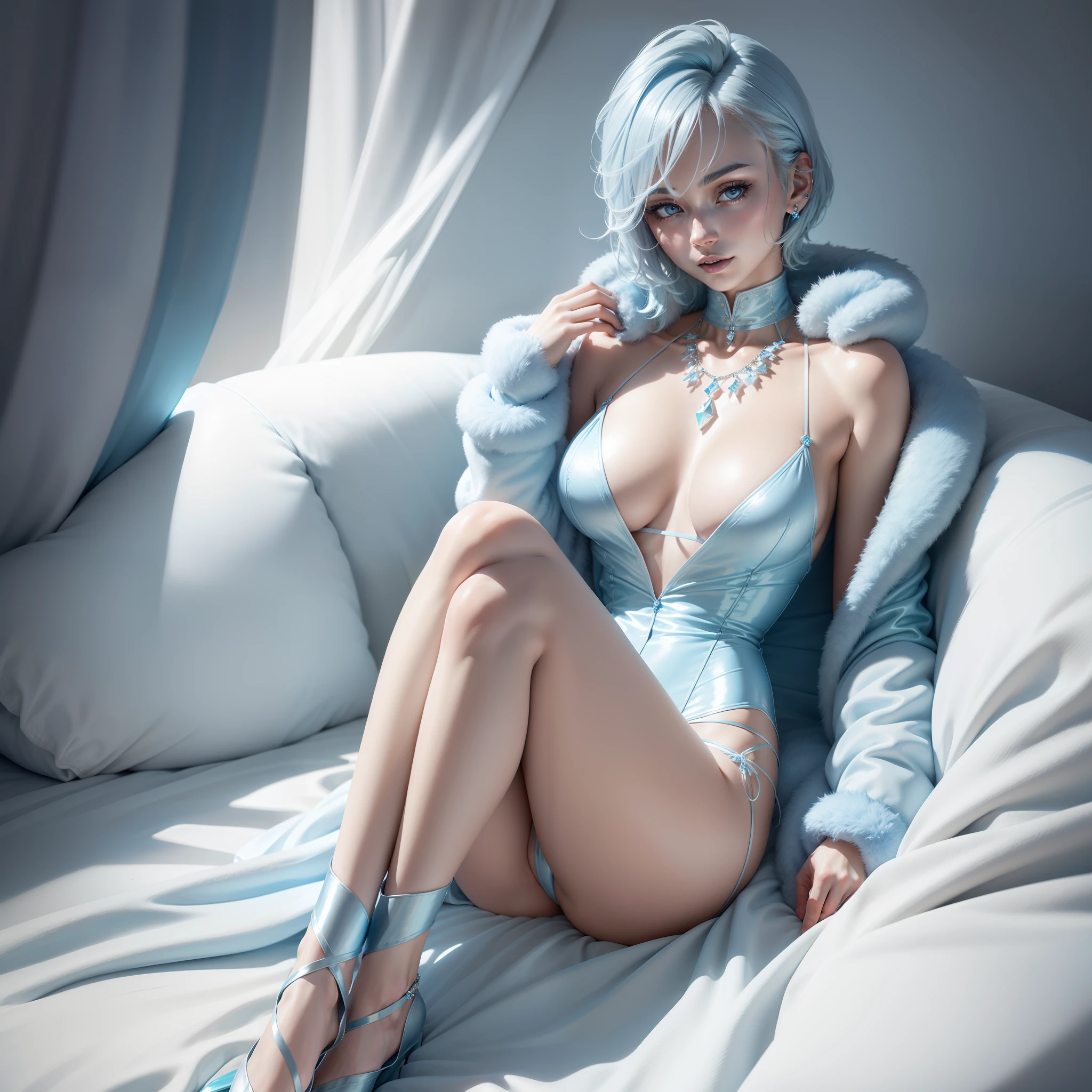 Short glow ice blue hair,Very sweet and shiny delicate face,A creamy and soft blue-and-white long cotton coat with a high collar,With a blue-silver ice crystal necklace,Reveals long smooth and delicate legs,The ultimate in exquisite clarity