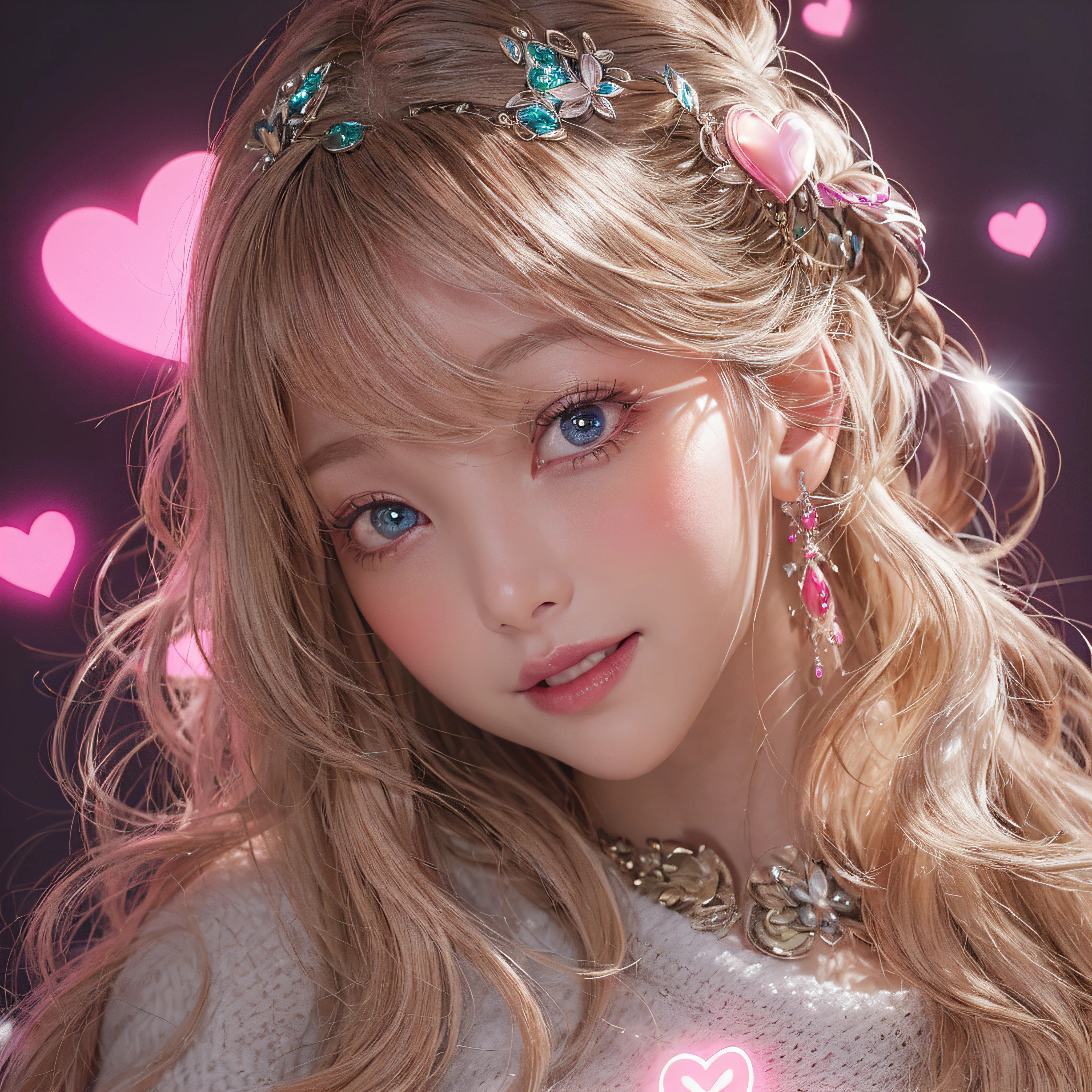 close-up of the smile face、Close-up of laughing face、Designer、super model、makeup、Glossy lips、Shining eyes、(realisitic、hight resolution)、(1 girl in)、Do-Up Eye、Korean Girl、(Best Quality), (masutepiece), (1girl in), Solo, a beauty girl, Perfect face, dreamlikeart、Highly detailed airbrush art((Surreal))、Volumetric lighting、(top-quality)、The ultra-detailliert、Highly detailed colorful details、(Bright lighting)、dynamic compositions、Ray traching、The mirror reflects light、Shallow depth of field、ultra-detailliert、mixing exposure、nffsw、Her eyes are glowing pink、Pink glowing 3D heart on background、Pink glowing heart on background