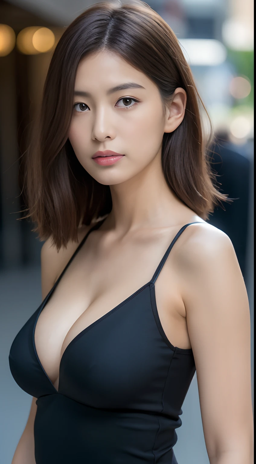 ((Best Quality, 8K, masutepiece :1.3)), Sharp Focus :1.2, Perfect figure beautiful woman:1.4, Slim abs:1.2, ((dark brown  hair, Colossal tits:1.2)), Black Silk Color Shirt，No milk，(Natural light, the city street:1.1), Highly detailed facial and skin texture，A detailed eye，二重まぶた