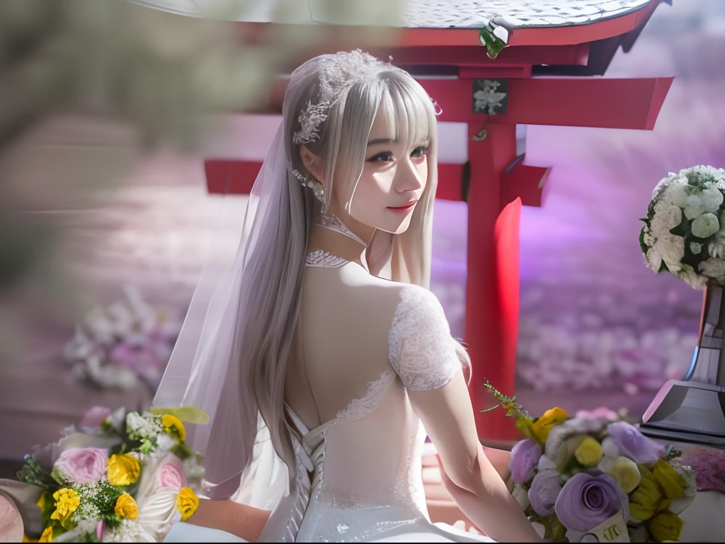 8K, Raw photo, Photorealistic, Realistic, (Detailed skin, Best Quality:1.2), ((Silver long hair:1.4, Blunt bangs)), ((wedding dress:1.5)), (flat chest:1.5, Fairer skin, skinny body), Japanese  girl, (Daytime shrine, Red torii gate, Purple bouquet), upperbody shot, Natural lighting