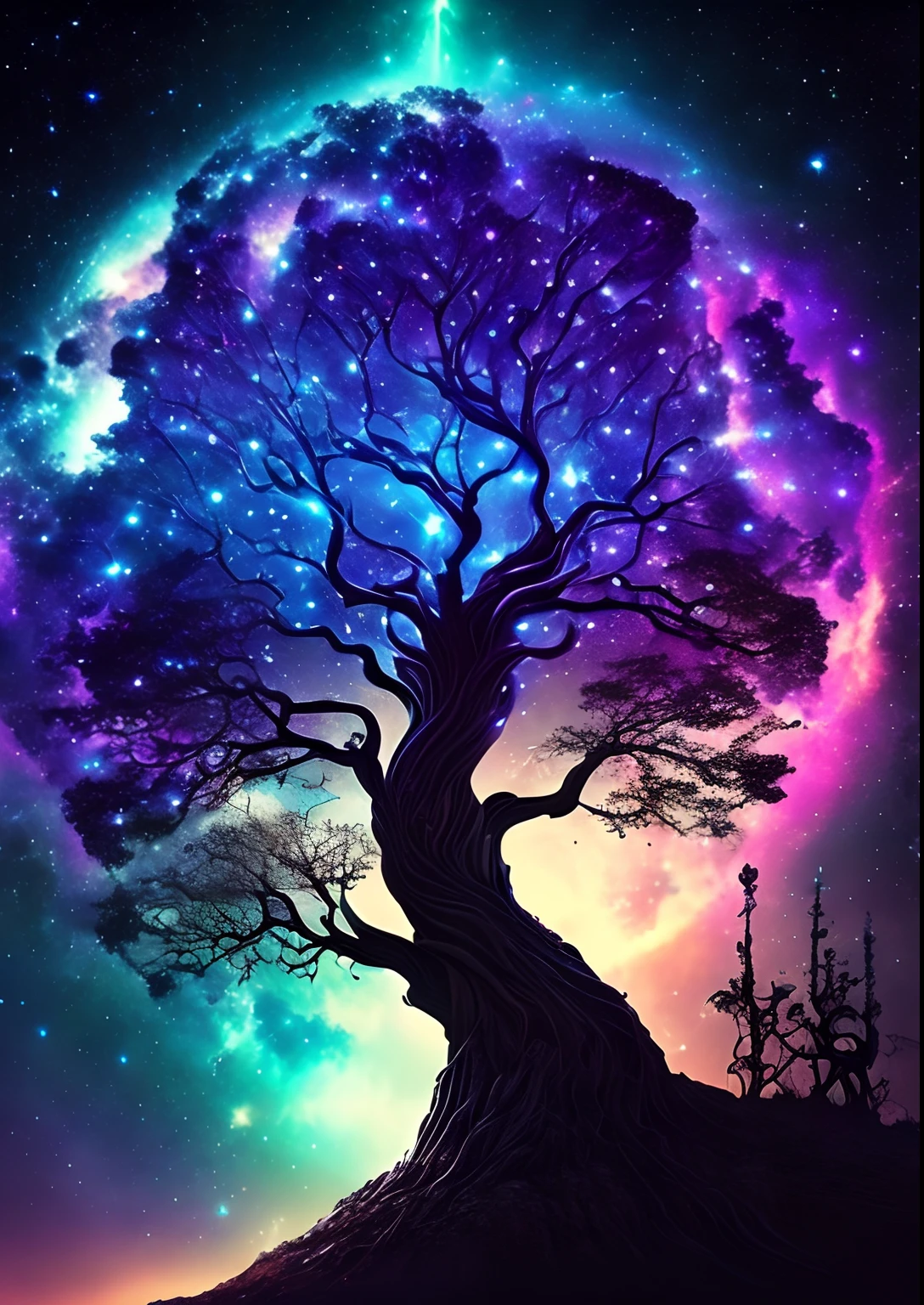 dreamlikeart, galaxy, outer space, nebula, star, [cyberpunked] Bodhi tree from the stars (star:1.5),