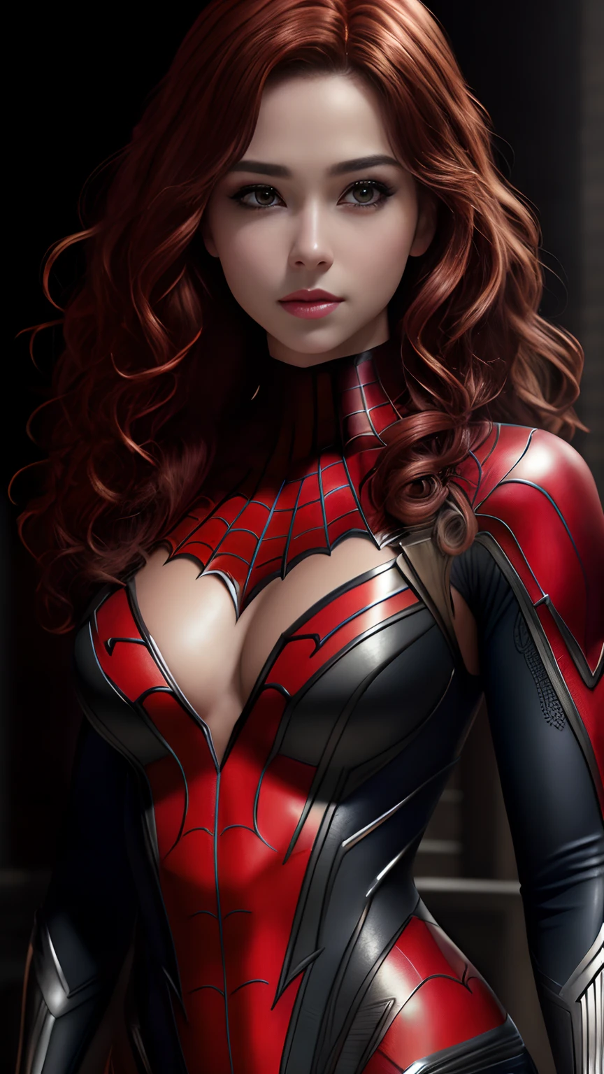 (RAW, analogue, Nikon Z 14mm ultra wide angle lens, award-winning glamor photography, ((best quality)), ((masterpiece)), ((realistic)), skin pores, subsurface scattering, light rays radiant, high-res, detailed facial features, high detail, sharp focus, soft, aesthetic, extremely detailed (extremely detailed eyes, extremely detailed iris), extremely detailed hair, extremely detailed skin, extremely detailed clothing, octane rendering, photorealistic, realistic, post-processing, maximum detail, realistic shadows, roughness, natural skin texture, real life, ultra-realistic, photorealism, photography, 8k UHD, photography, hdr, intricate, elegant, highly detailed, sharp focus, stunning, beautiful, gorgeous), Detailed and realistic beautiful 18 year old girl as Marvel's Spiderman, makeup, full body visible, short curly red hair, realistic skin, photorealistic, realistic and cinematic shot (extremely detailed CG unity 8k wallpaper), trending on ArtStation , trending on CGSociety, High detail, sharp focus, dramatic background, beautiful, full shot, high quality, (beautiful face), (detailed face), detailed hands, beautiful hands