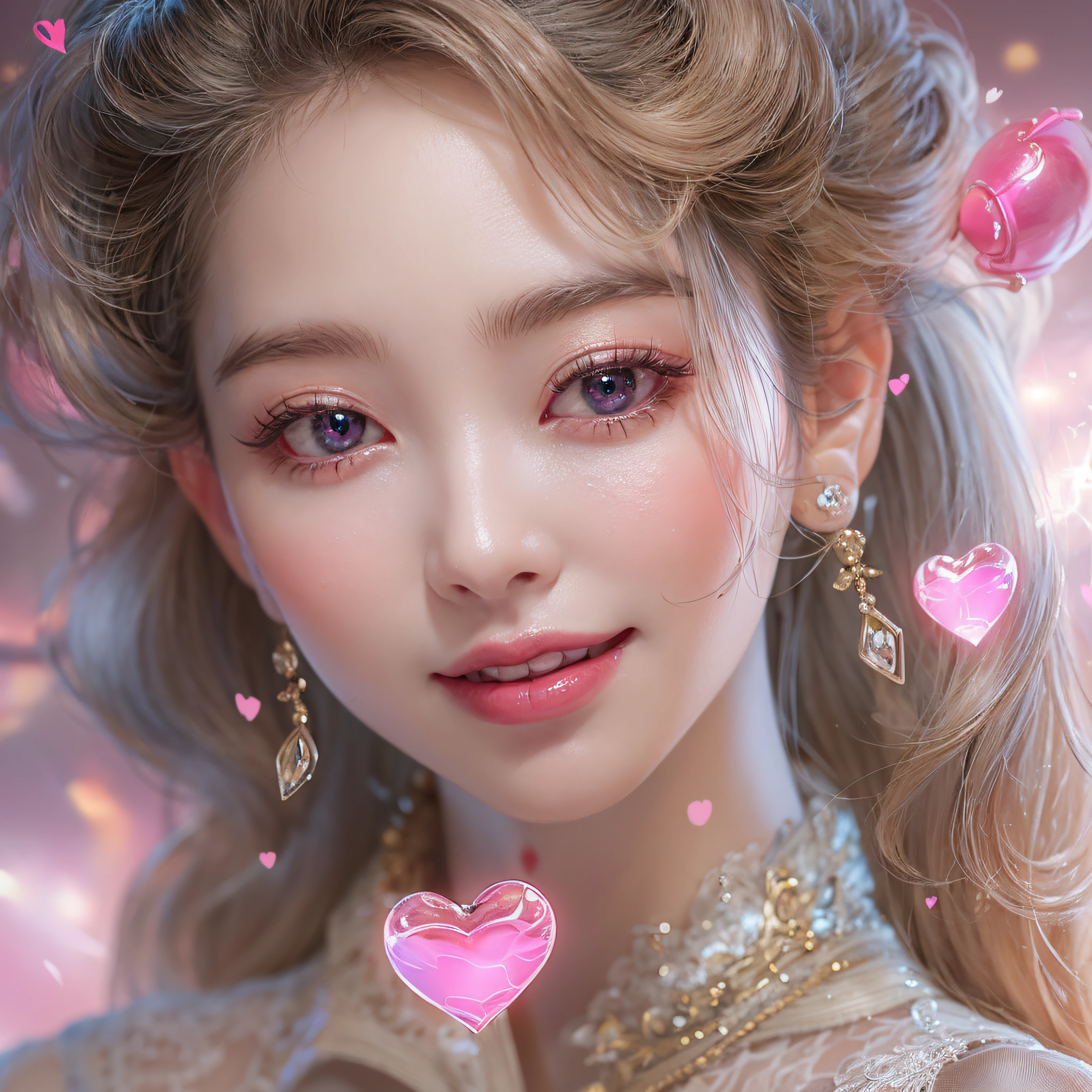close-up of the smile face、Close-up of laughing face、Designer、super model、makeup、Glossy lips、Shining eyes、(realisitic、hight resolution)、(1 girl in)、Do-Up Eye、Korean Girl、(Best Quality), (masutepiece), (1girl in), Solo, a beauty girl, Perfect face, dreamlikeart、Highly detailed airbrush art((Surreal))、Volumetric lighting、(top-quality)、The ultra-detailliert、Highly detailed colorful details、(Bright lighting)、dynamic compositions、Ray traching、The mirror reflects light、Shallow depth of field、ultra-detailliert、mixing exposure、nffsw、Her eyes are glowing pink、Pink glowing 3D heart on background、Pink glowing heart on background