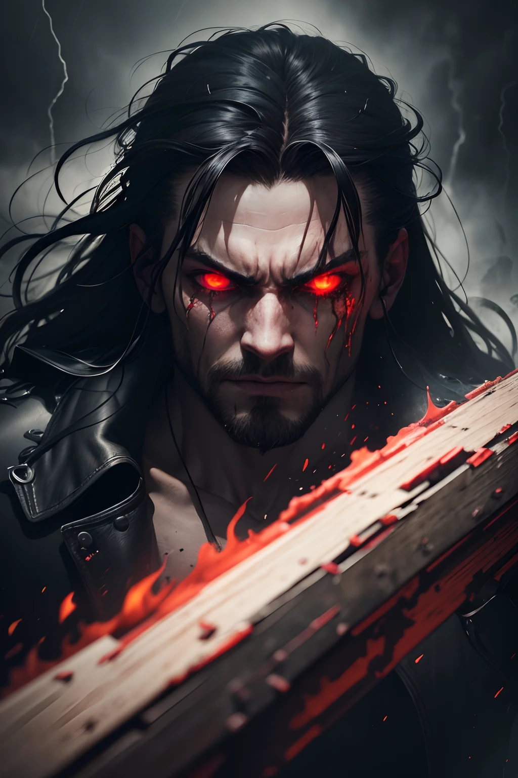 a man engulfed in utter hatred, fiery red eyes, clenched fists, dark and twisted aura, hauntingly beautiful yet menacing smile, dripping black tears, surrounded by a storm of rage and despair, in a gothic setting, with dark, gloomy lighting, heavy shadows, and a chilling atmosphere, captured with the raw intensity of oil painting, employing a hyper-realistic style, with ultra-detailed features, sharp focus, and vivid colors. (best quality, highres, photorealistic:1.37), conveying the depths of her animosity and the torment within his soul.