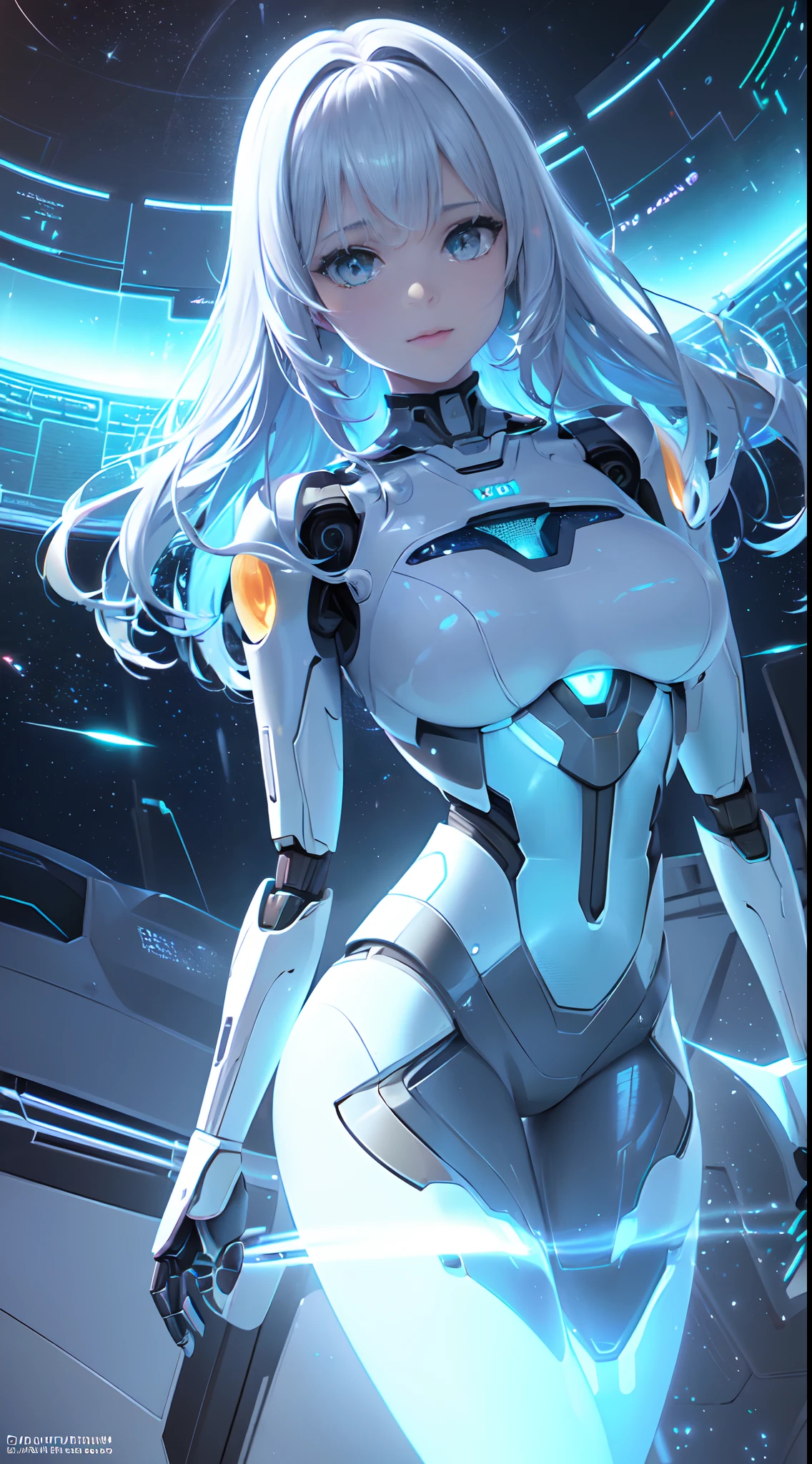 motor irreal:1.4,UHD,La mejor calidad:1.4, fotorrealista:1.4, textura de la piel:1.4, obra maestra:1.8,((Beautiful robot woman Vividly colored digital image of a symmetrical young and ethereally beautiful face with icy blue long hair and eyes reflecting the galaxy., With an elegant futuristic dress that shines with holographic light reflections, De pie frente a un elegante, Glowing portal emitting fog and glowing particles,( It's inside a high-tech lab full of screens and shiny equipment......), Rendered in a stunning sci-fi anime art style with cinematic lighting, intricate linework, and a beautiful structure of atmospheric glow effects )),(robot:1.4),Luz de fondo naranja:1.4,manos Detallado:1.4,