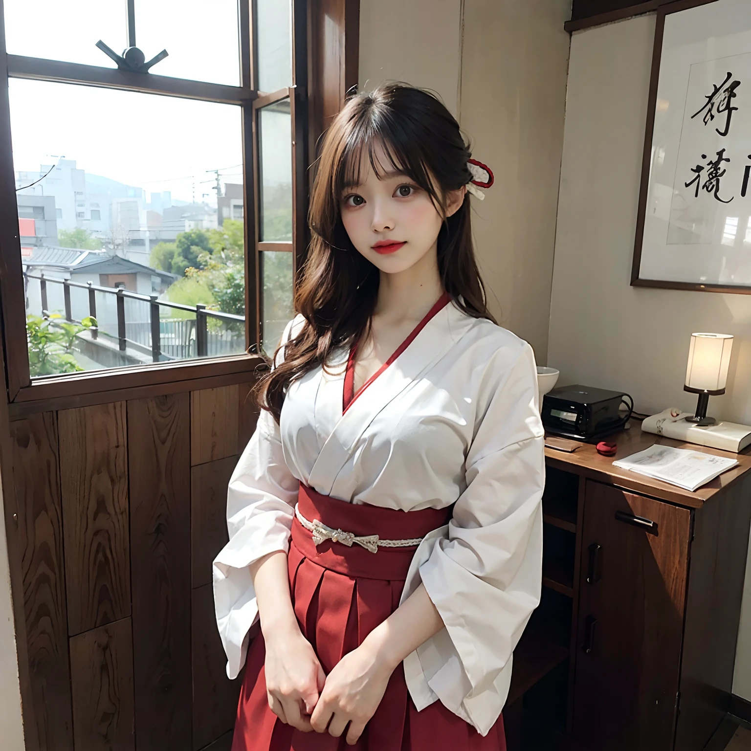 Woman in red skirt and white shirt is taking pictures, japanese girl school uniform, hakama kimono, Japan school uniform, Collar white and red, A Japanese style, Red kimono, Japanese style, traditional japanese, Wearing Hakama, japanese kimono,The background is indoors,The background is indoor，No bra，feet visible ，You can see the valley ，cleavage of the breast ，furisode ，Standing posture ，Stand Up